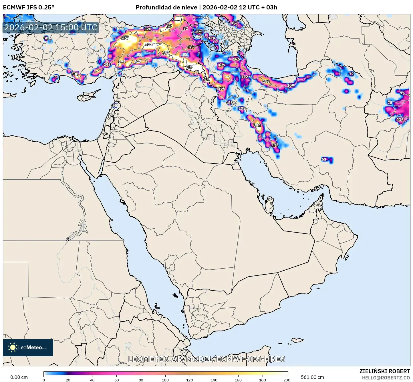ECMWF IFS 0.25° model - Oriente Medio, Profundidad de nieve