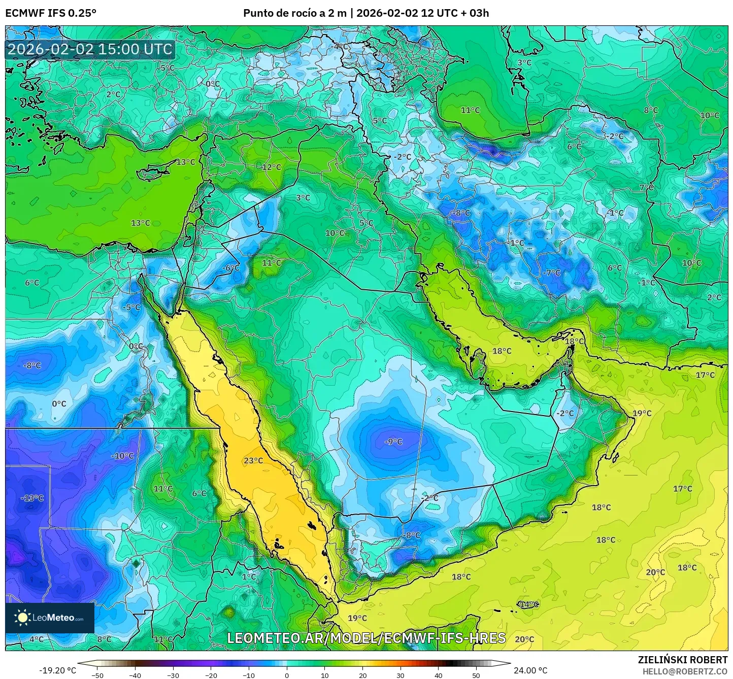 ECMWF IFS 0.25° model - Oriente Medio, Punto de rocío a 2 m