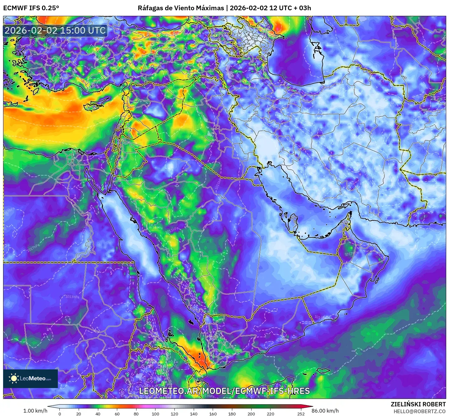 ECMWF IFS 0.25° model - Oriente Medio, Ráfagas de Viento Máximas