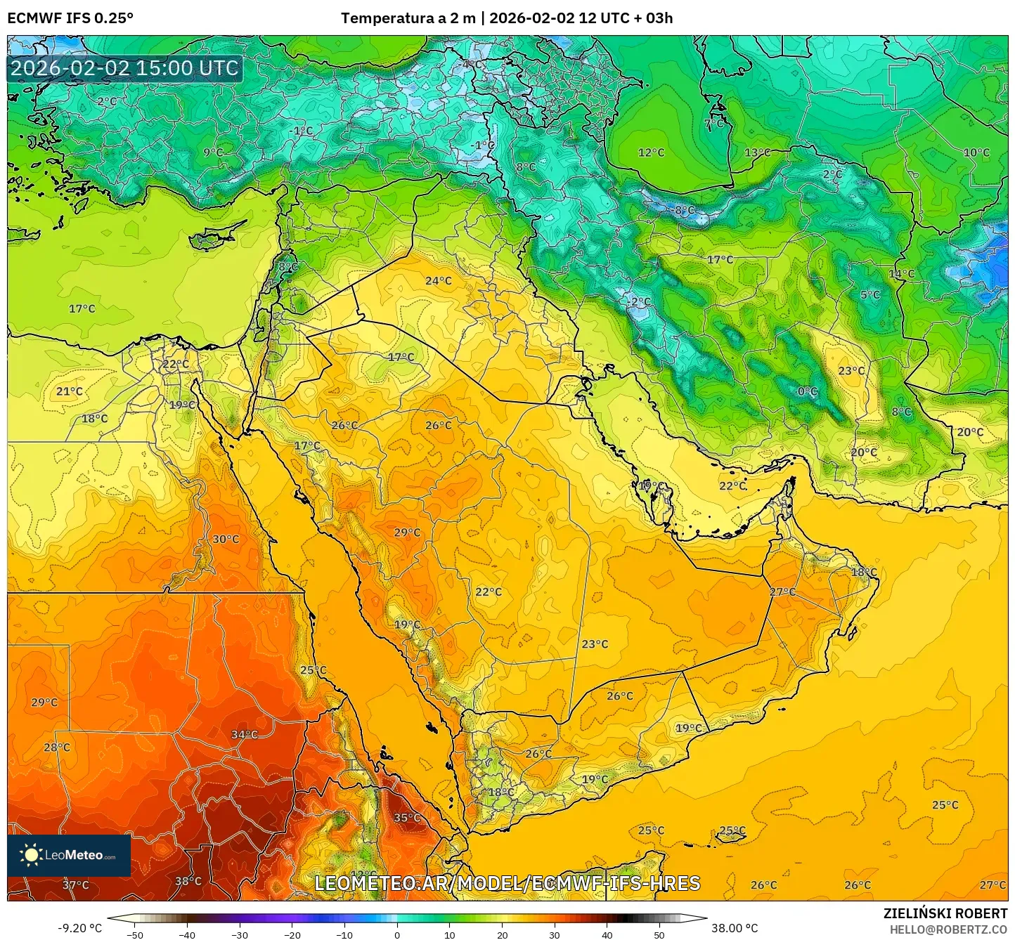 ECMWF IFS 0.25° model - Oriente Medio, Temperatura a 2 m