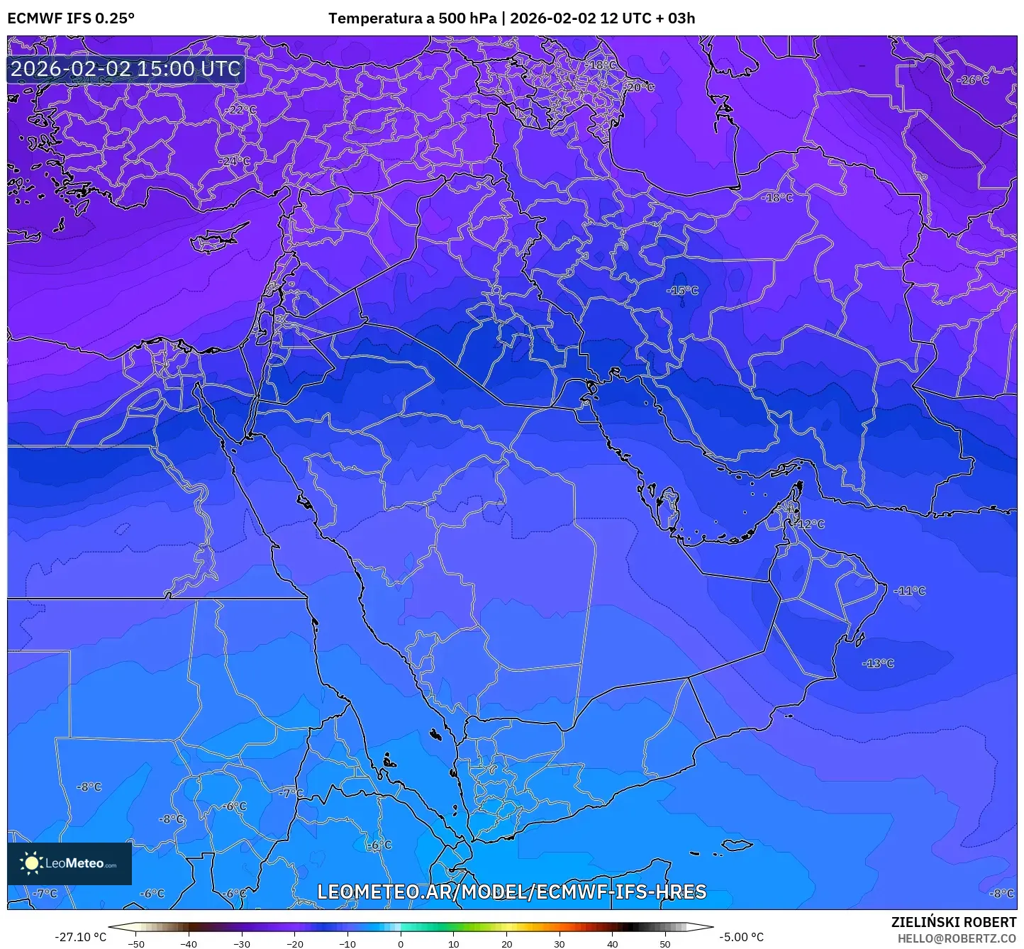 ECMWF IFS 0.25° model - Oriente Medio, Temperatura a 500 hPa