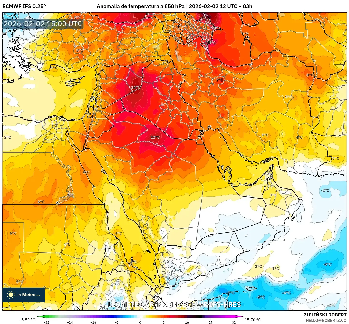 ECMWF IFS 0.25° model - Oriente Medio, Anomalía de temperatura a 850 hPa