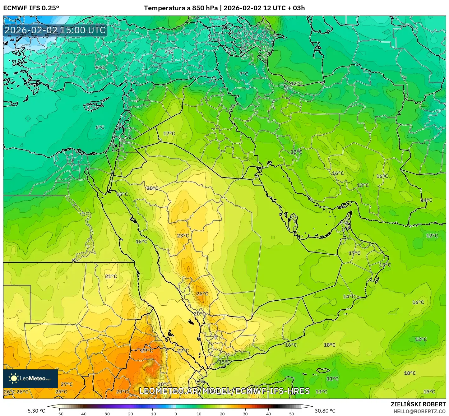 ECMWF IFS 0.25° model - Oriente Medio, Temperatura a 850 hPa