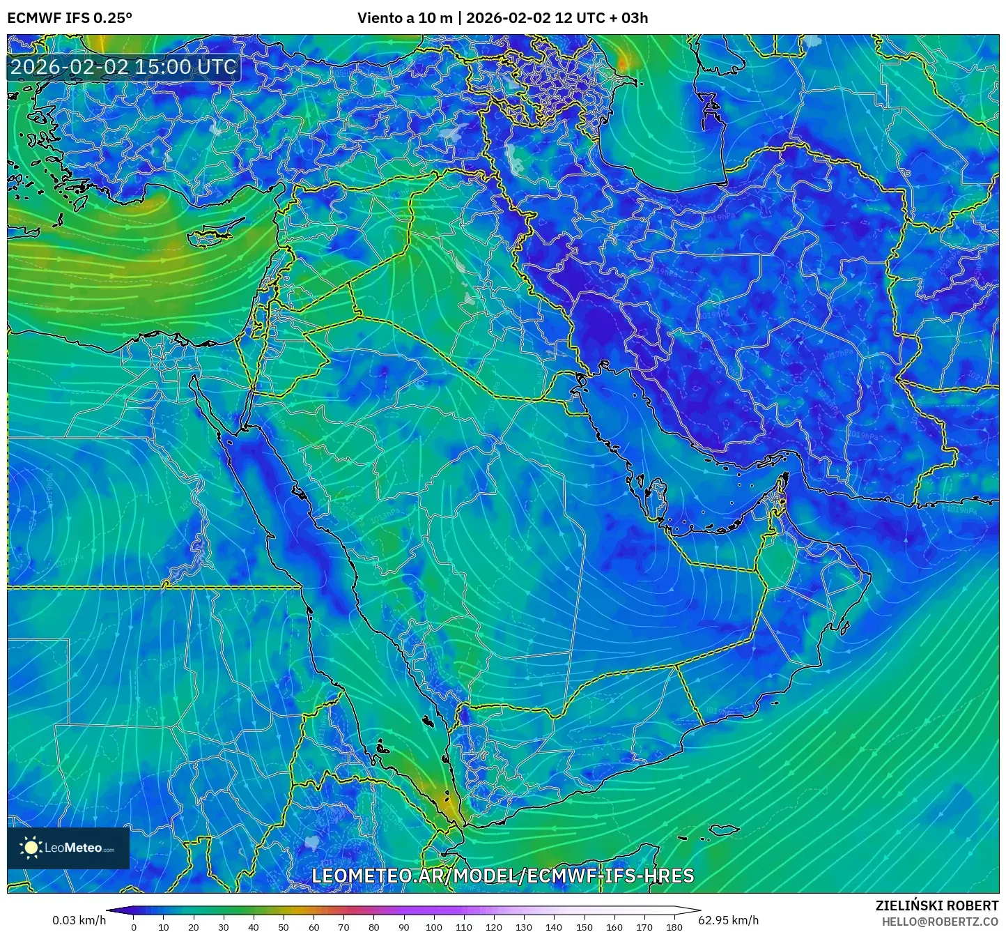 ECMWF IFS 0.25° model - Oriente Medio, Viento a 10 m