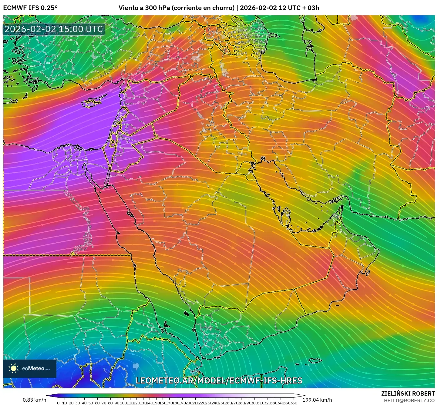 ECMWF IFS 0.25° model - Oriente Medio, Viento a 300 hPa (corriente en chorro)