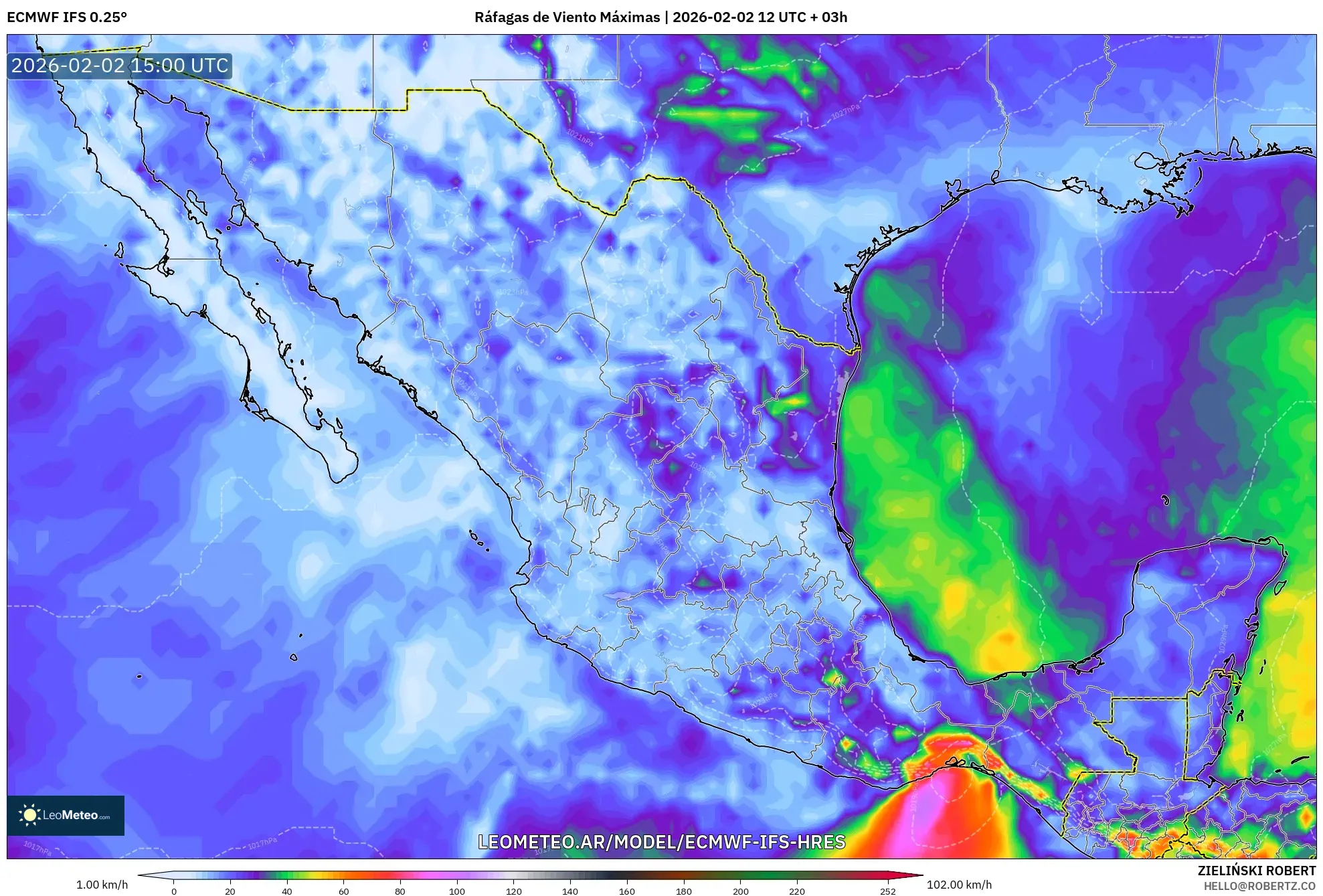ECMWF IFS 0.25° model - México, Ráfagas de Viento Máximas