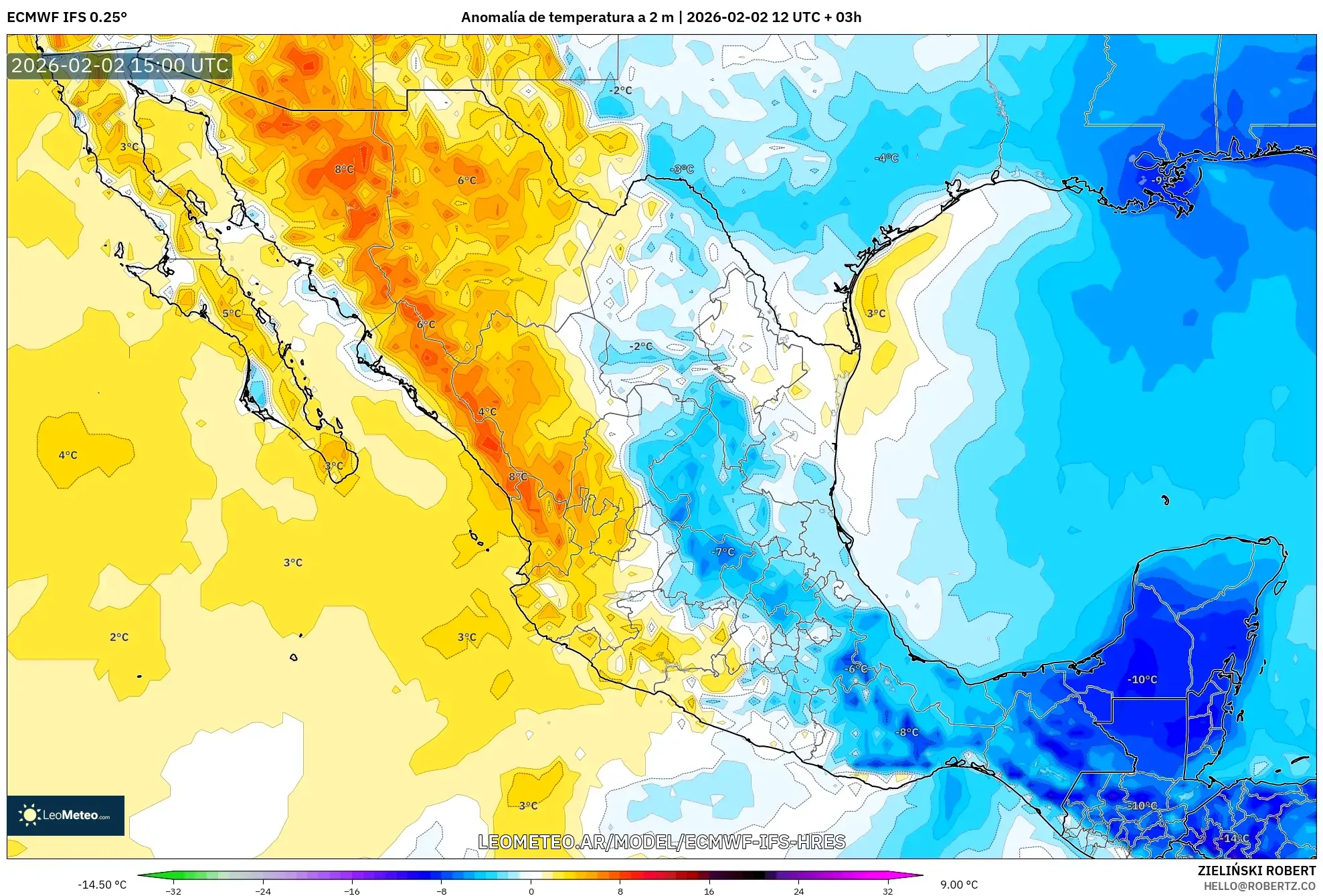 ECMWF IFS 0.25° model - México, Anomalía de temperatura a 2 m