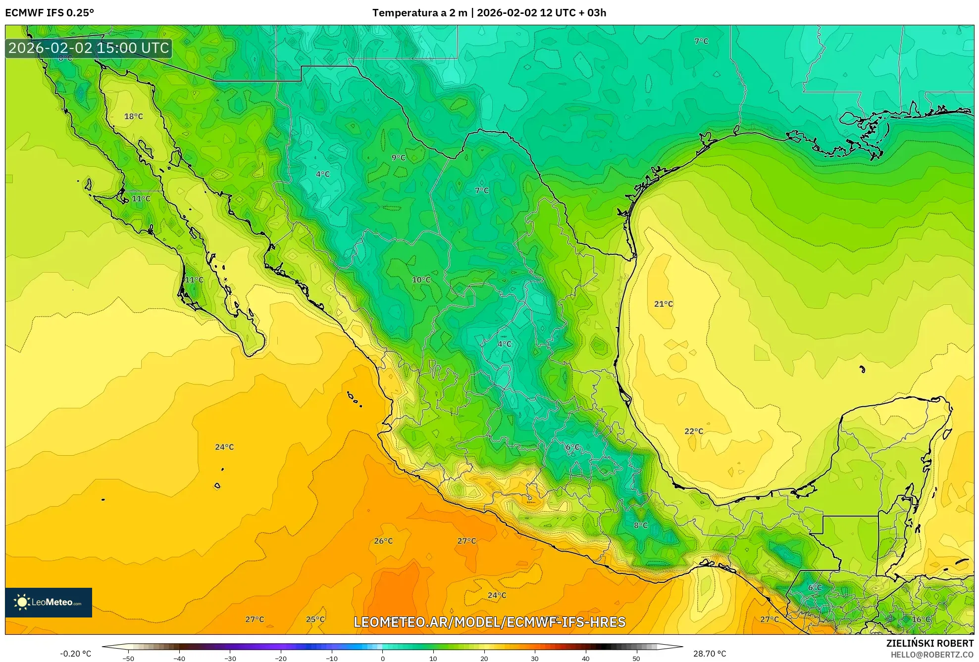 ECMWF IFS 0.25° model - México, Temperatura a 2 m