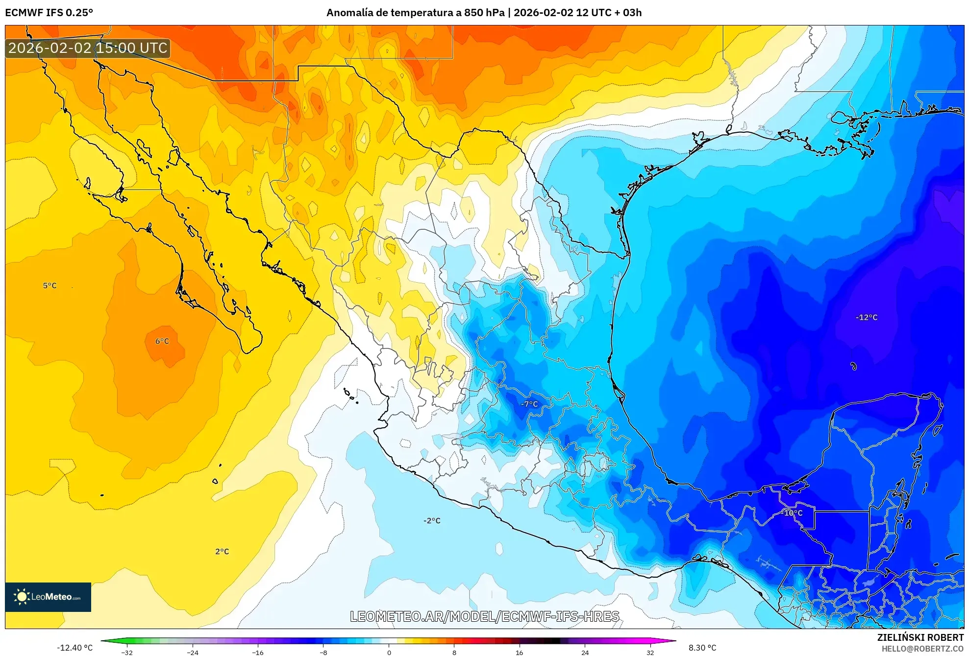 ECMWF IFS 0.25° model - México, Anomalía de temperatura a 850 hPa