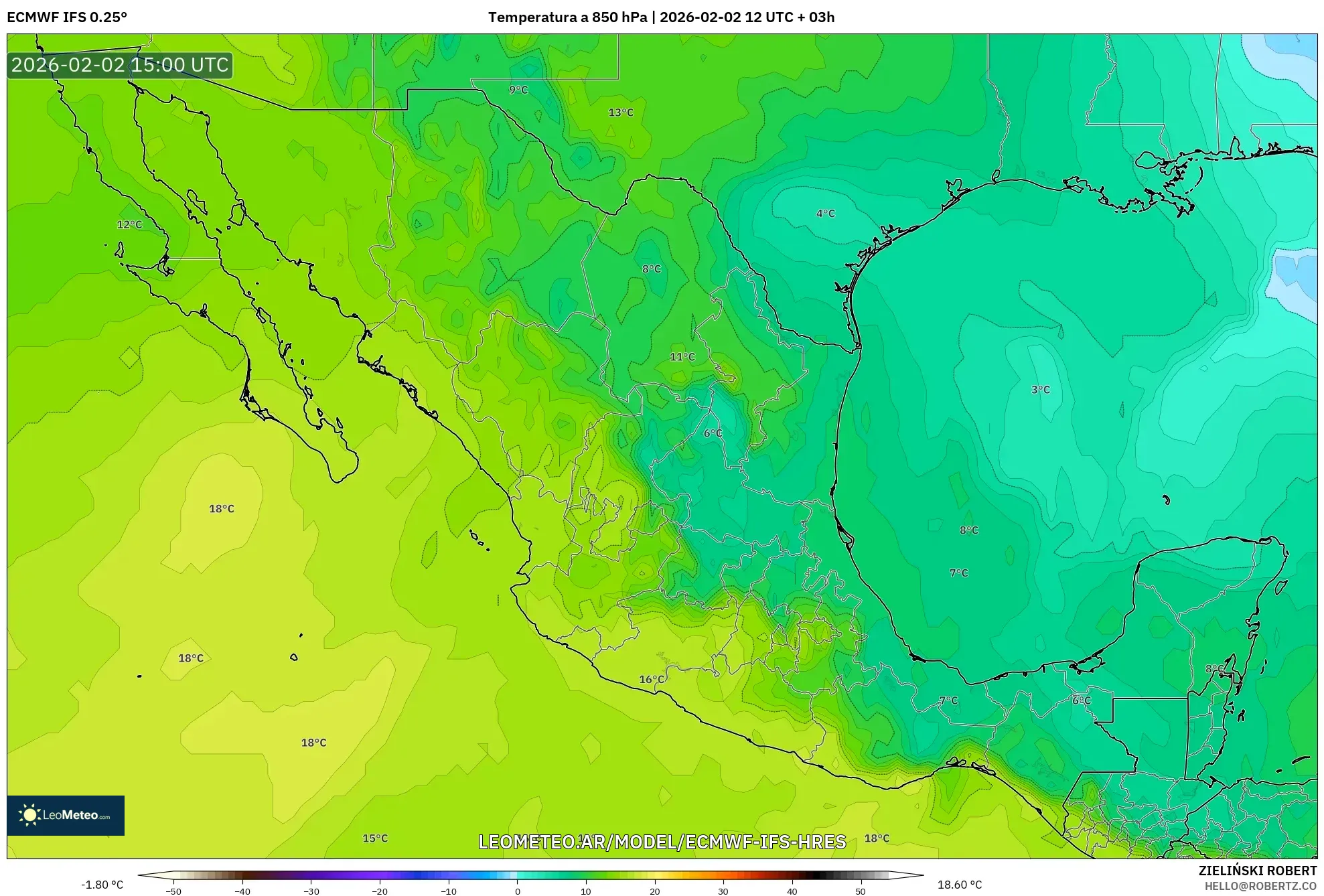 ECMWF IFS 0.25° model - México, Temperatura a 850 hPa