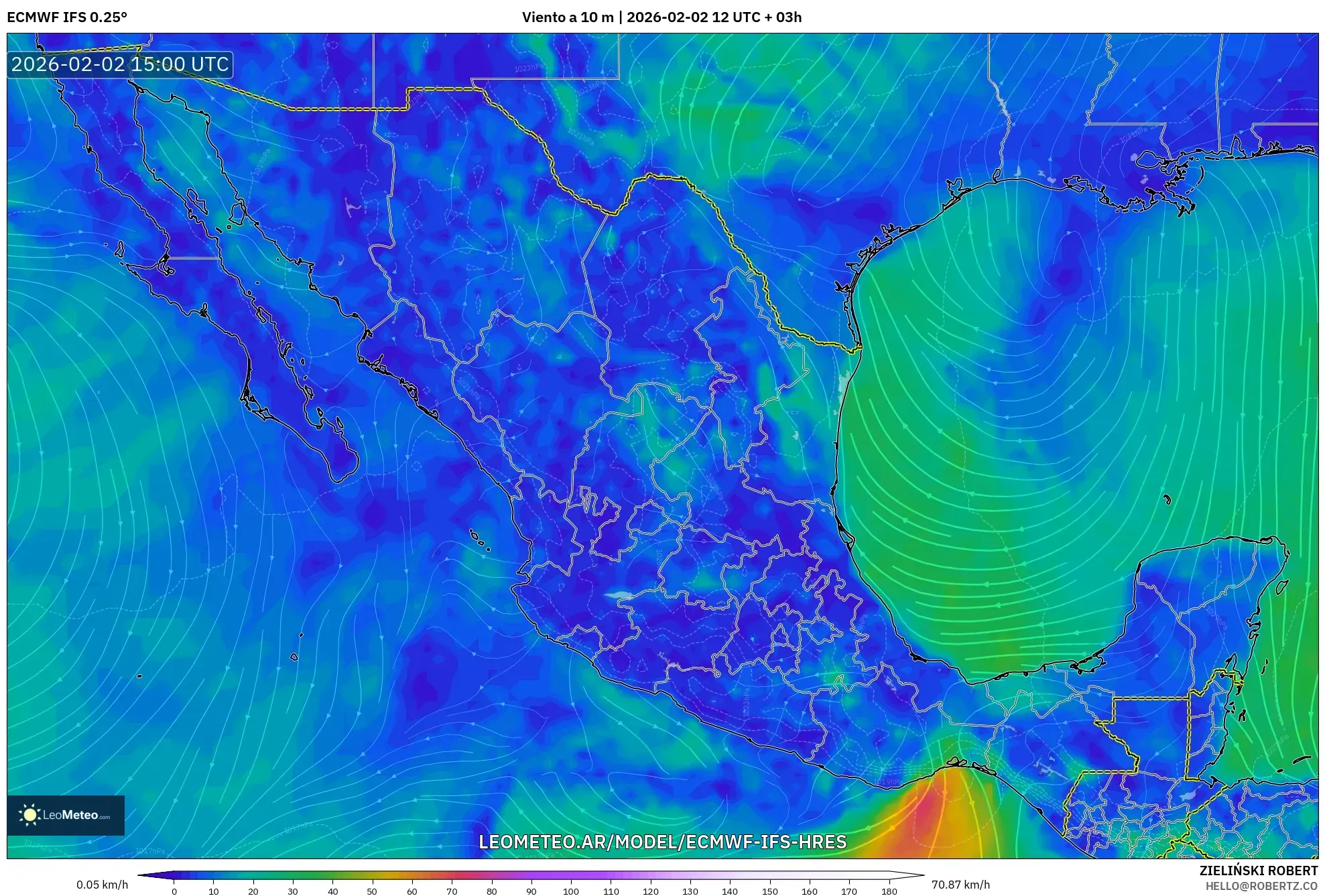 ECMWF IFS 0.25° model - México, Viento a 10 m