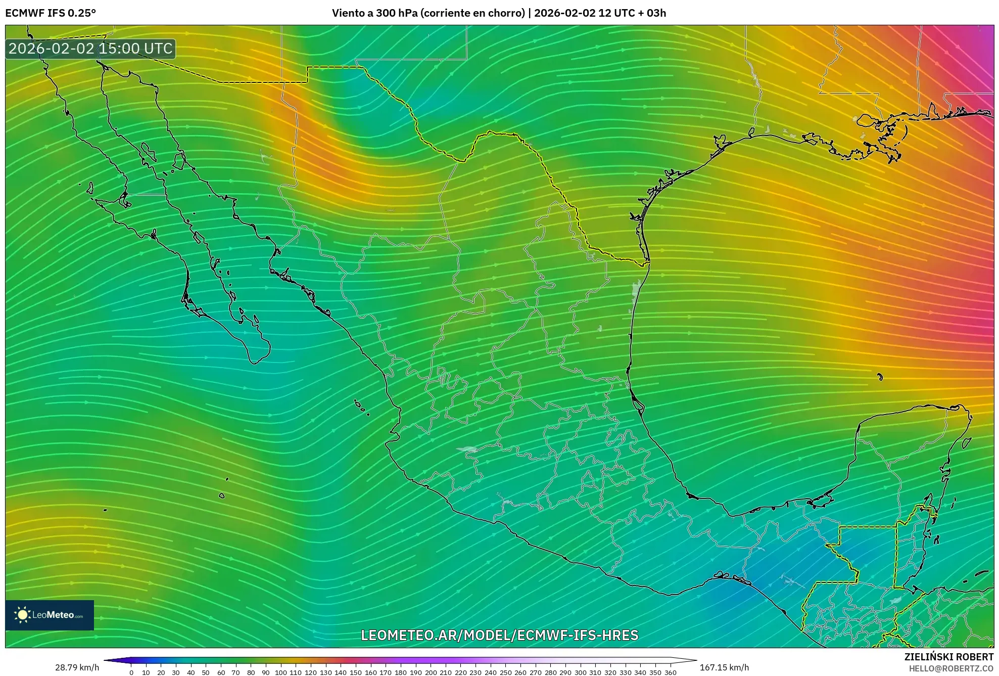 ECMWF IFS 0.25° model - México, Viento a 300 hPa (corriente en chorro)