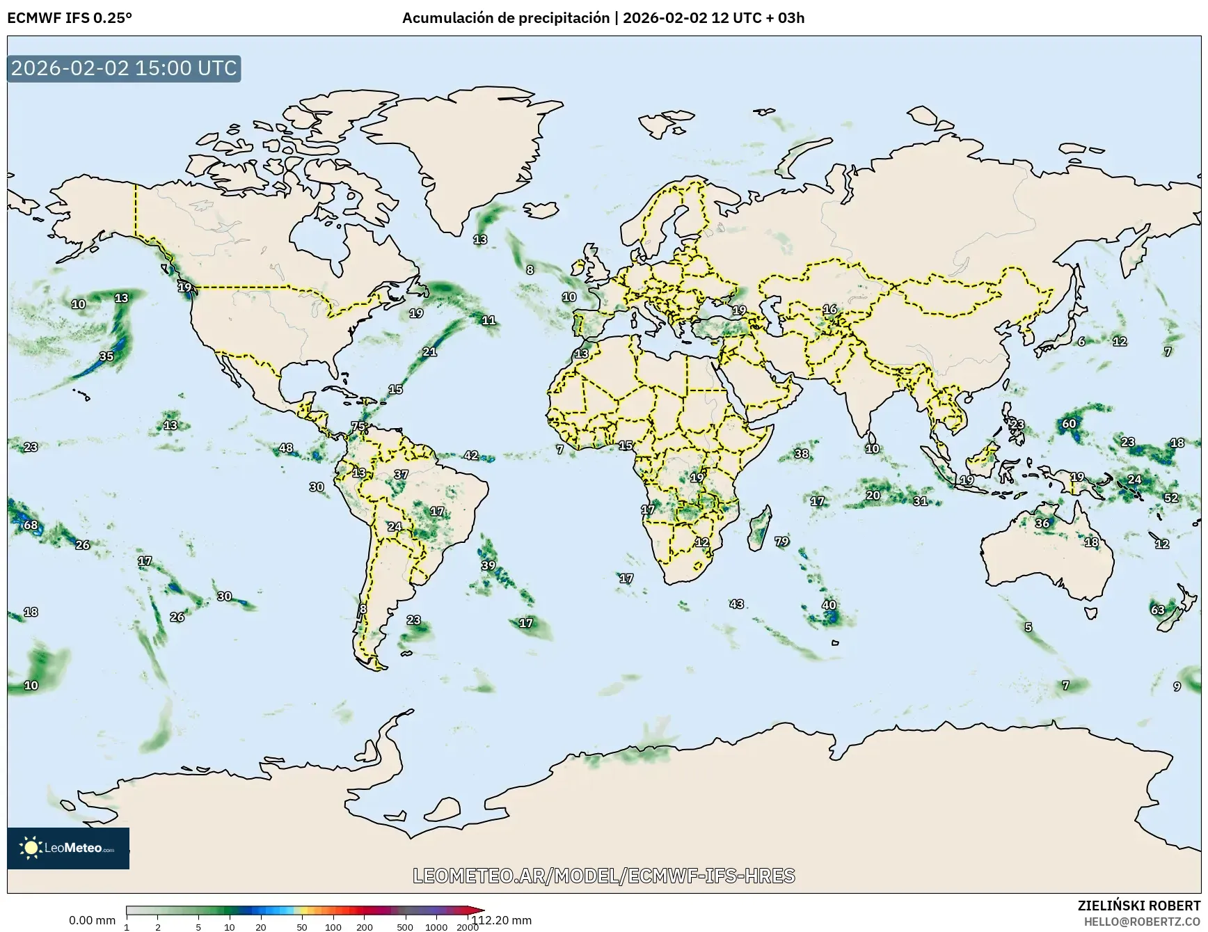 ECMWF IFS 0.25° model - Mundo, Acumulación de precipitación