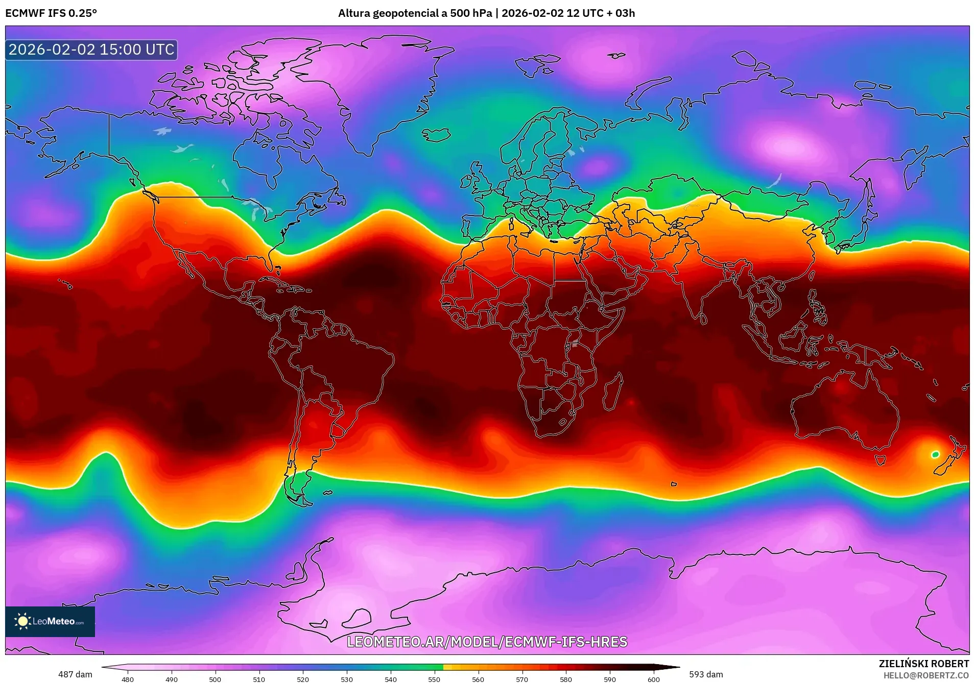 ECMWF IFS 0.25° model - Mundo, Altura geopotencial a 500 hPa