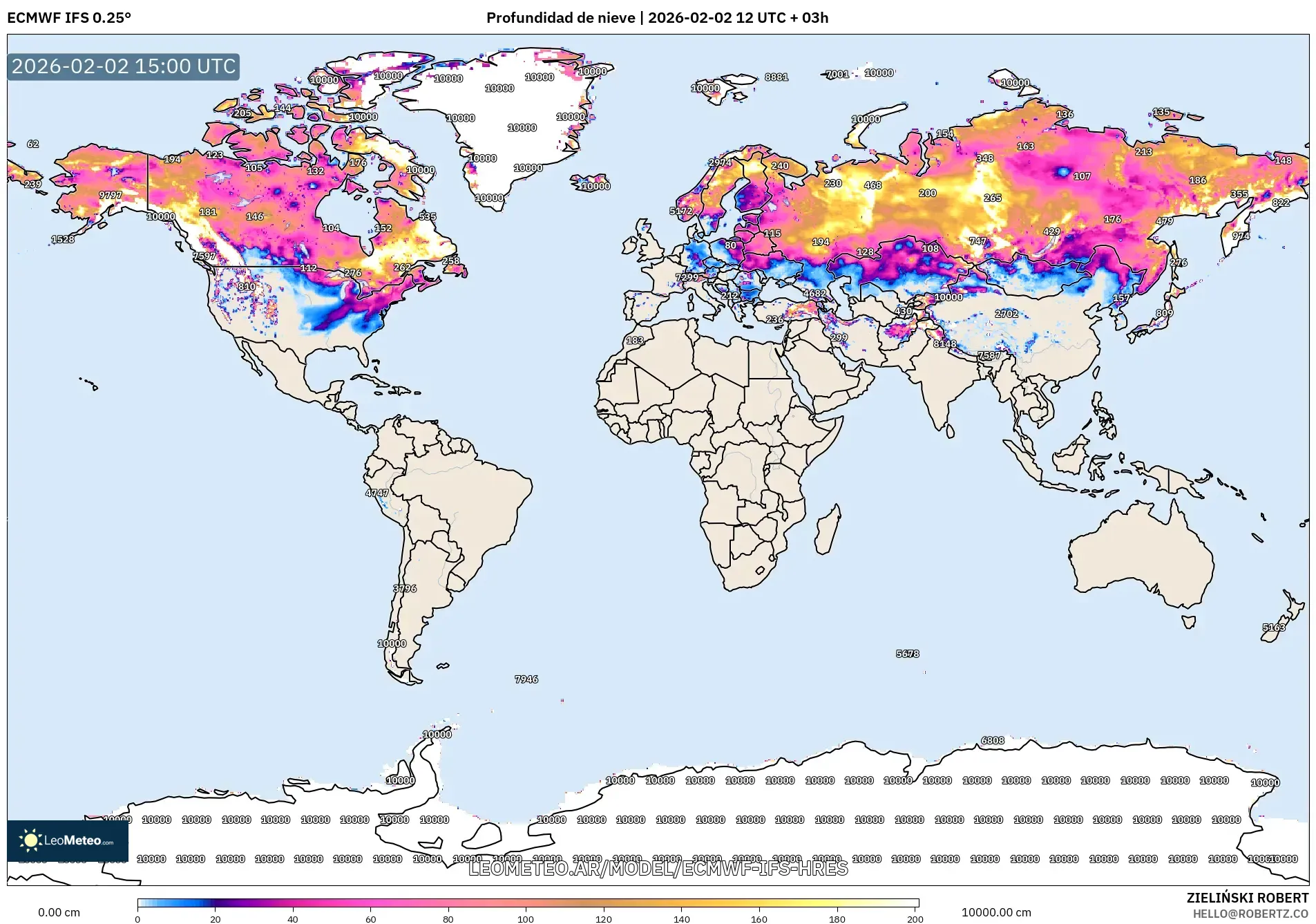 ECMWF IFS 0.25° model - Mundo, Profundidad de nieve