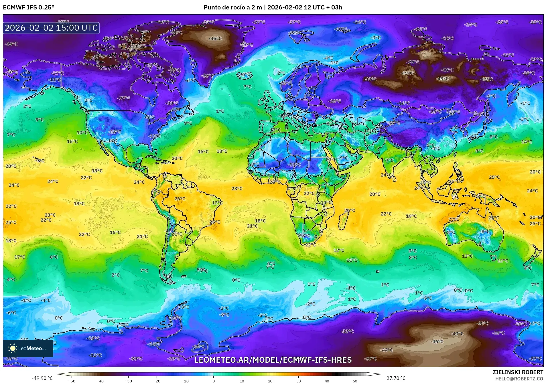 ECMWF IFS 0.25° model - Mundo, Punto de rocío a 2 m