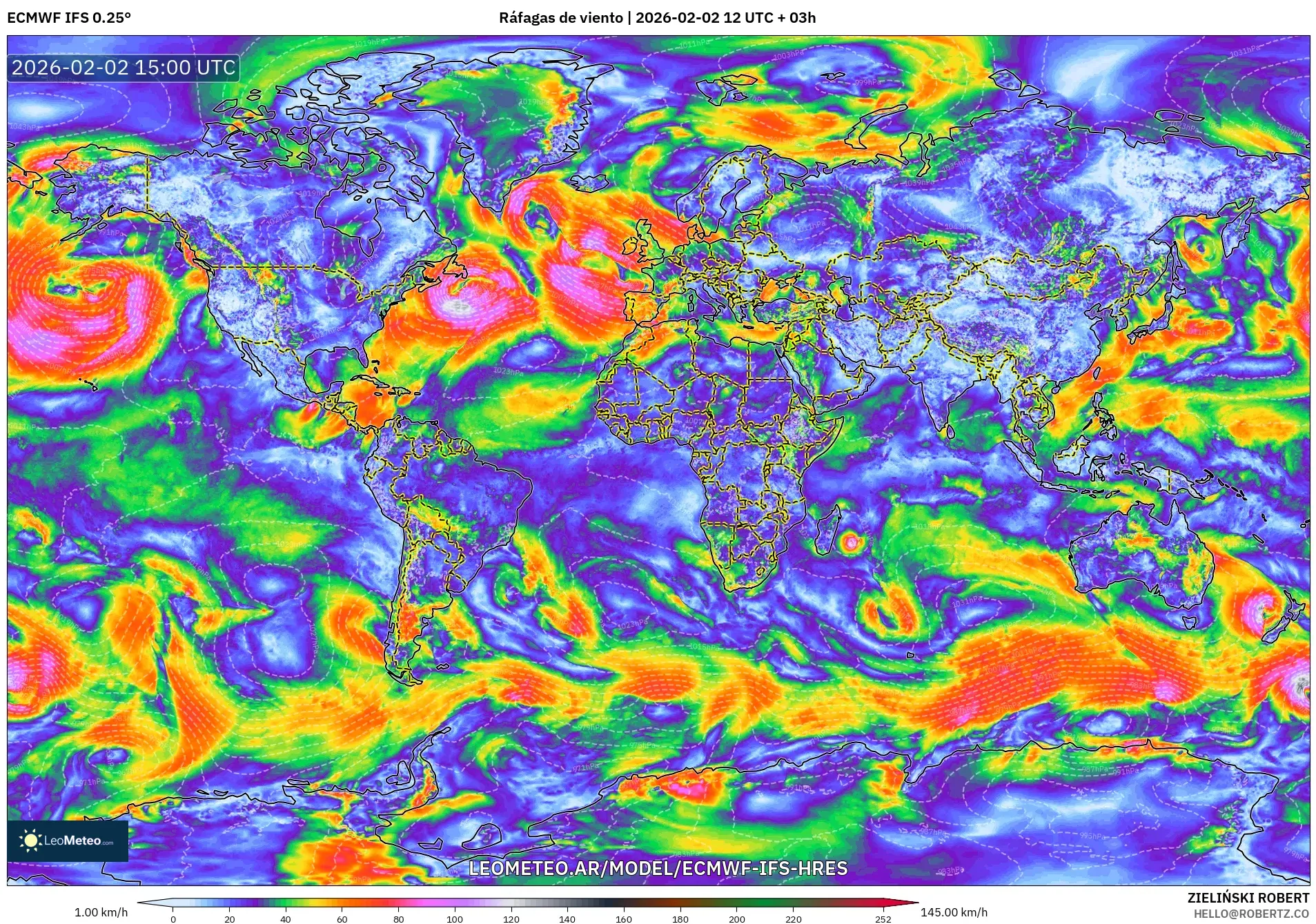 ECMWF IFS 0.25° model - Mundo, Ráfagas de viento