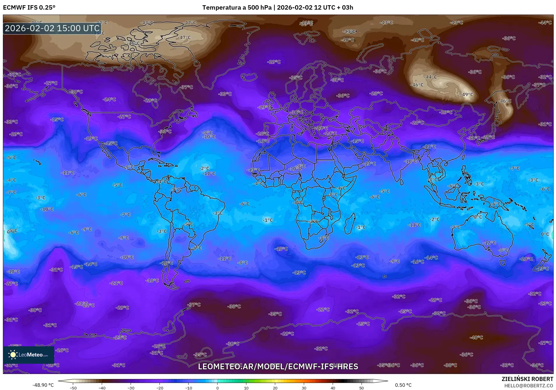 ECMWF IFS 0.25° model - Mundo, Temperatura a 500 hPa