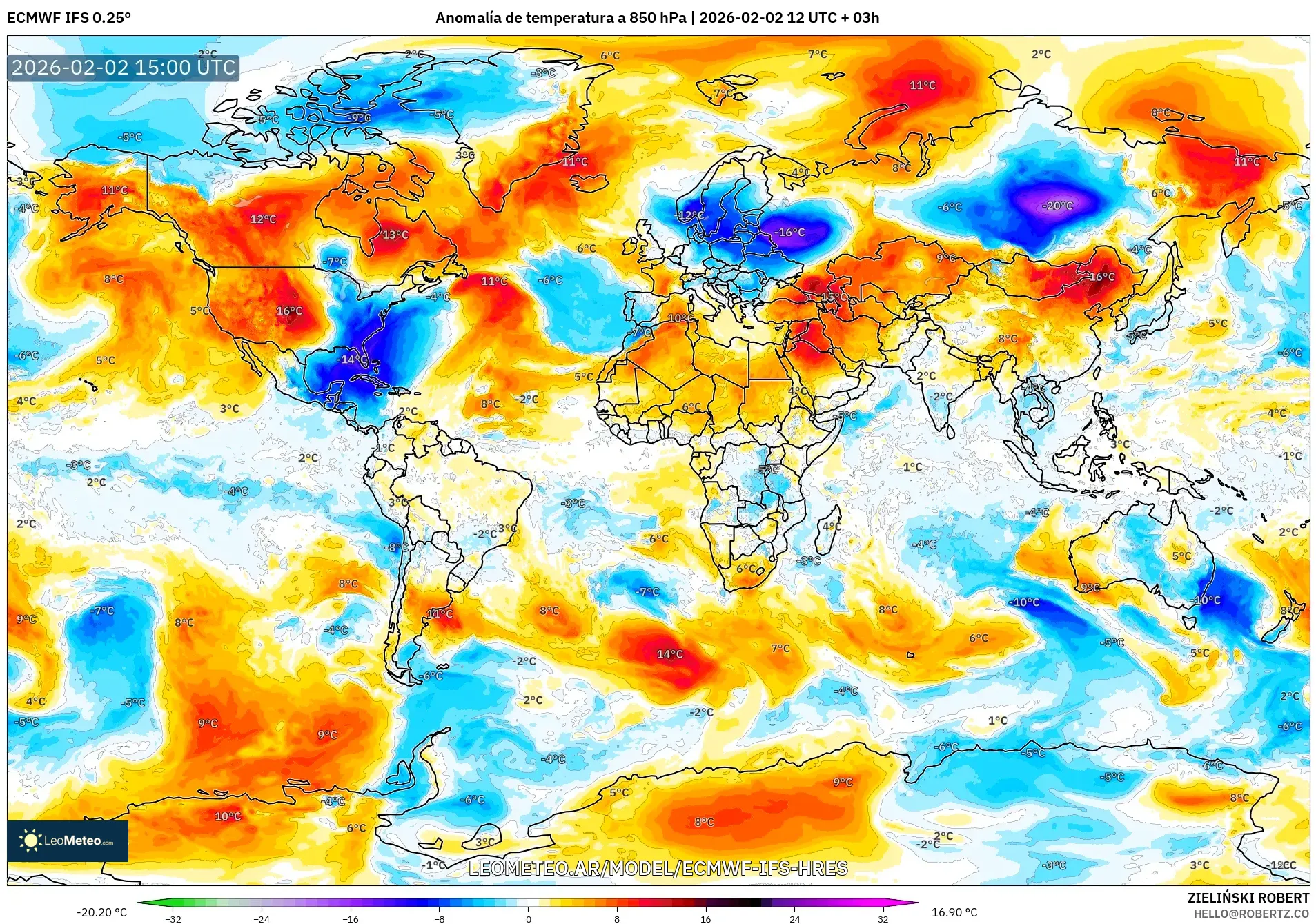 ECMWF IFS 0.25° model - Mundo, Anomalía de temperatura a 850 hPa