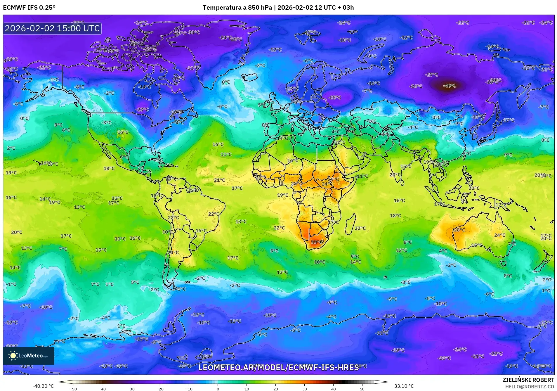 ECMWF IFS 0.25° model - Mundo, Temperatura a 850 hPa