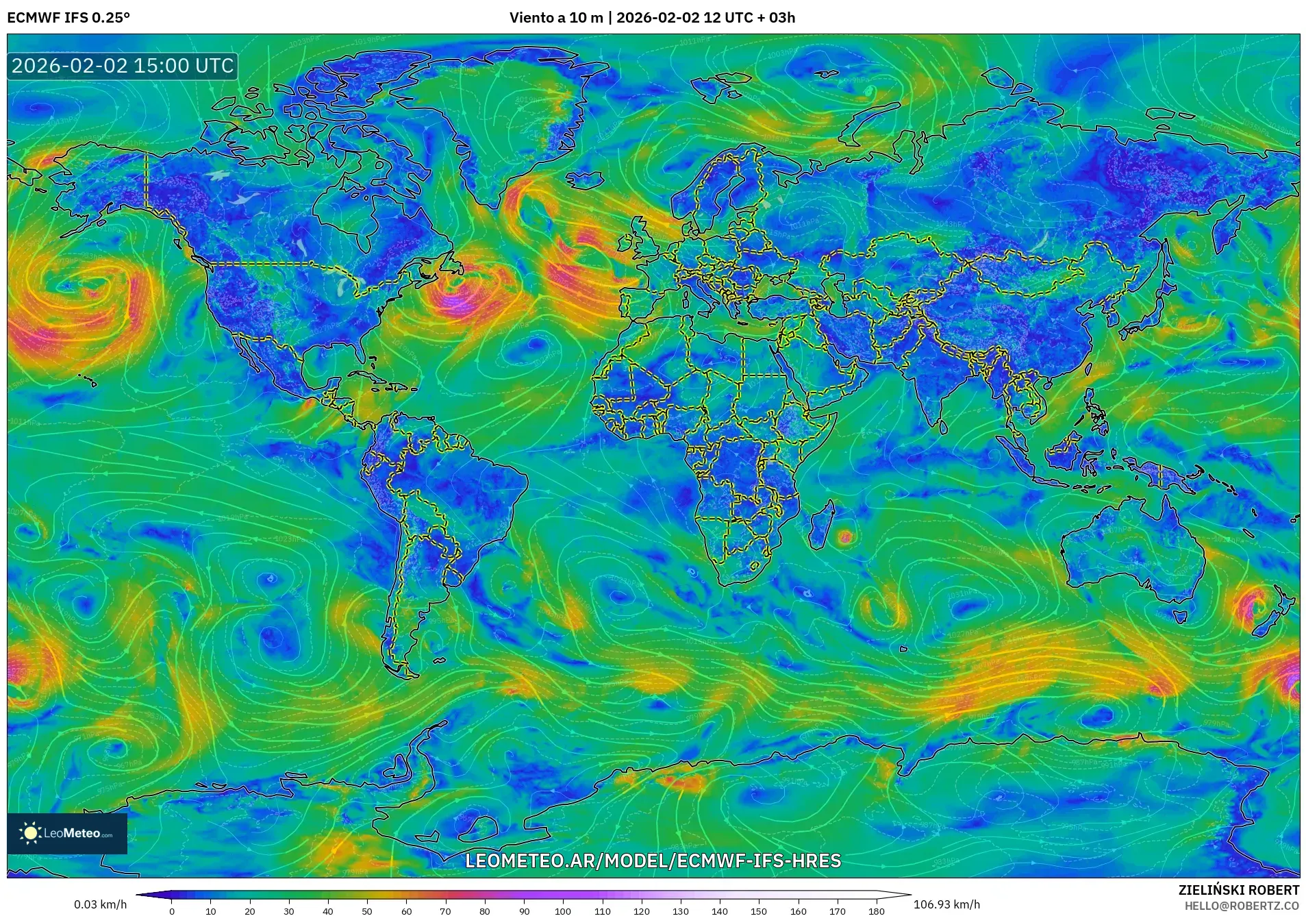 ECMWF IFS 0.25° model - Mundo, Viento a 10 m
