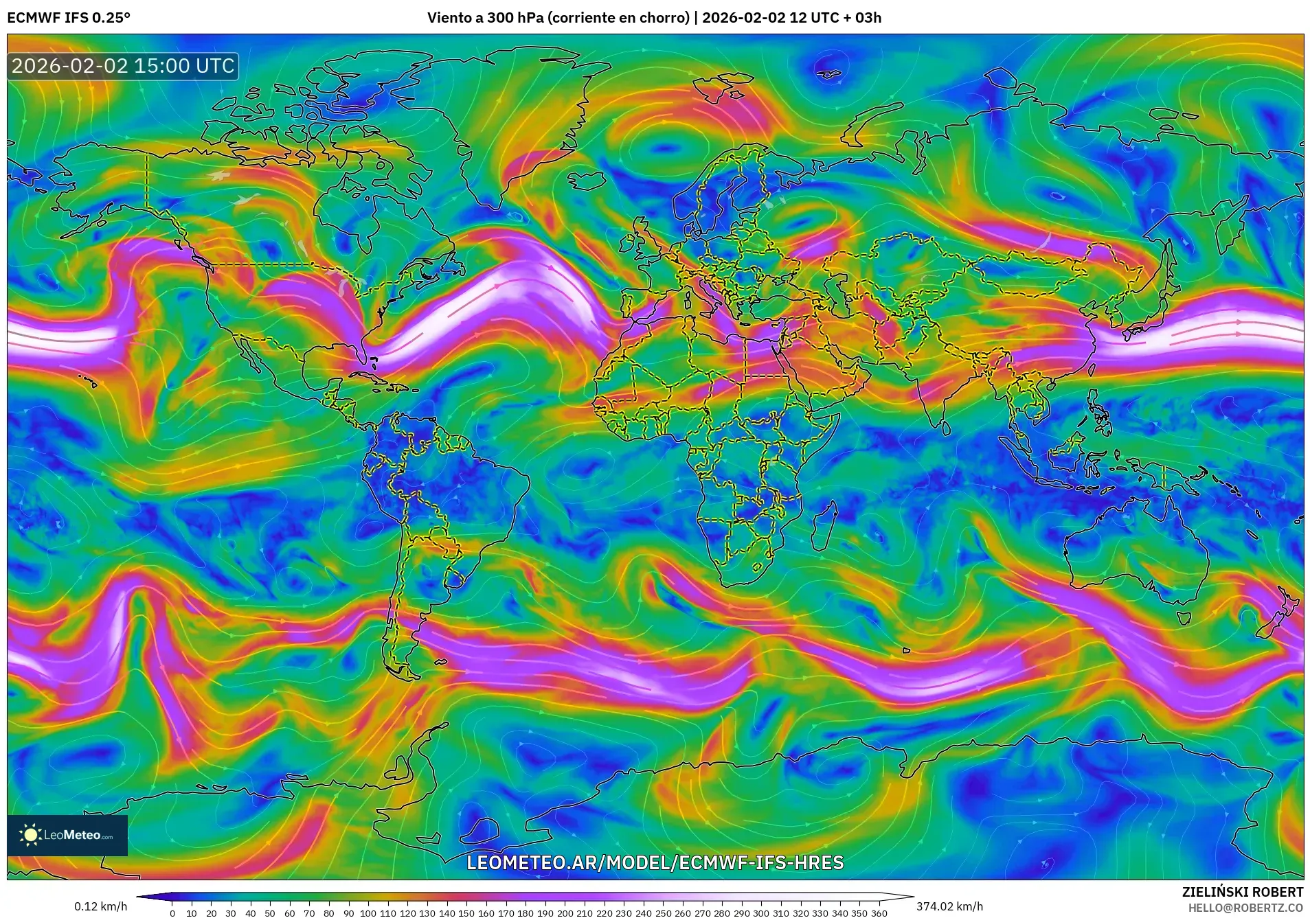 ECMWF IFS 0.25° model - Mundo, Viento a 300 hPa (corriente en chorro)