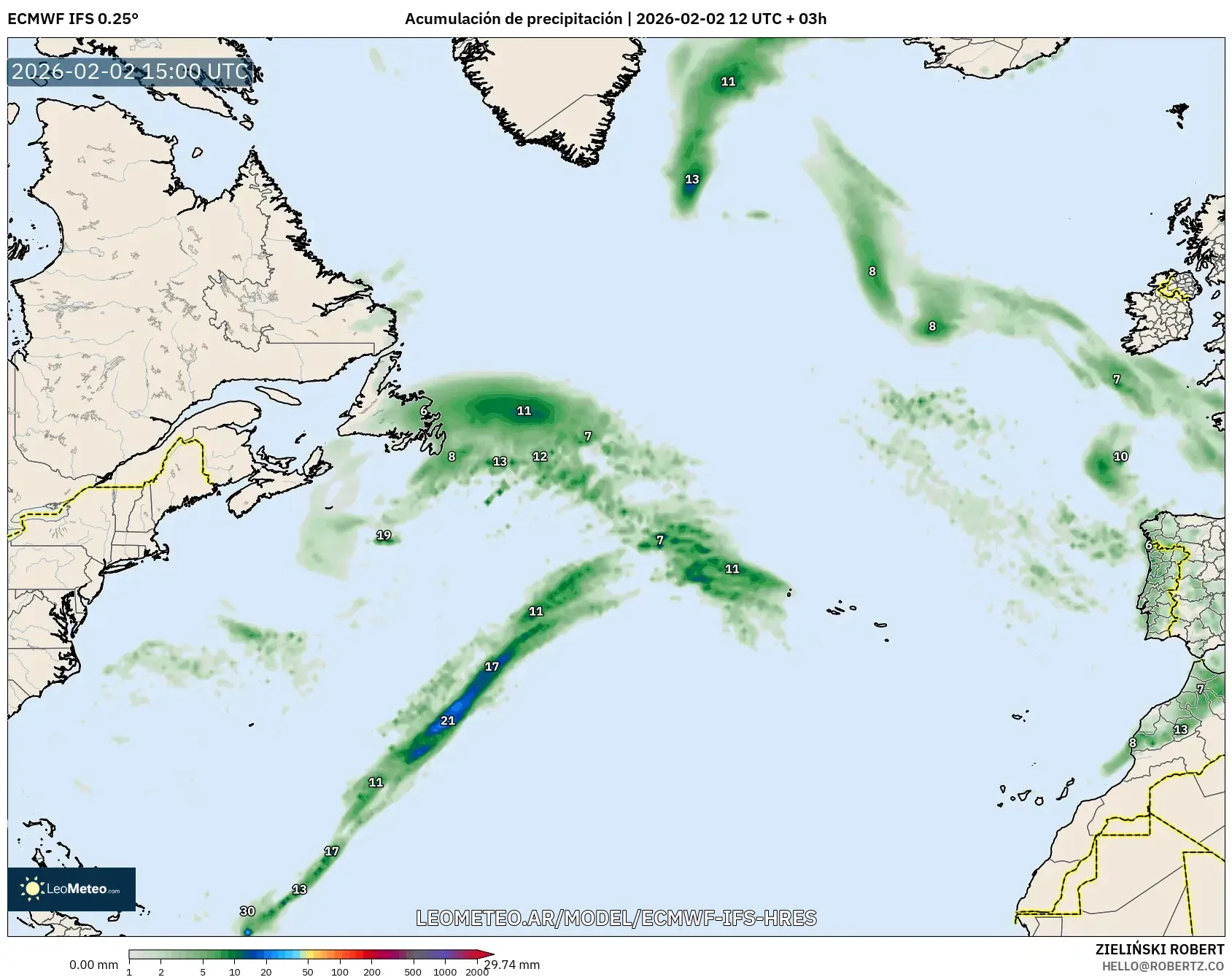 ECMWF IFS 0.25° model - Norte Atlántico, Acumulación de precipitación