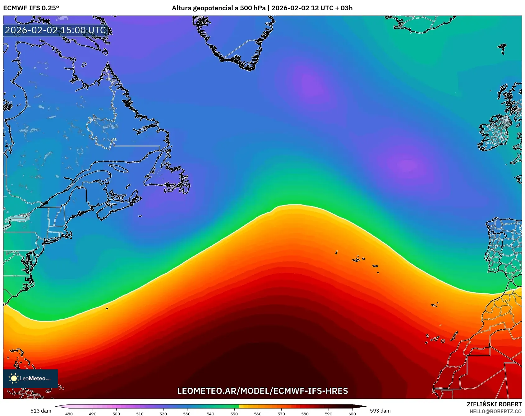 ECMWF IFS 0.25° model - Norte Atlántico, Altura geopotencial a 500 hPa