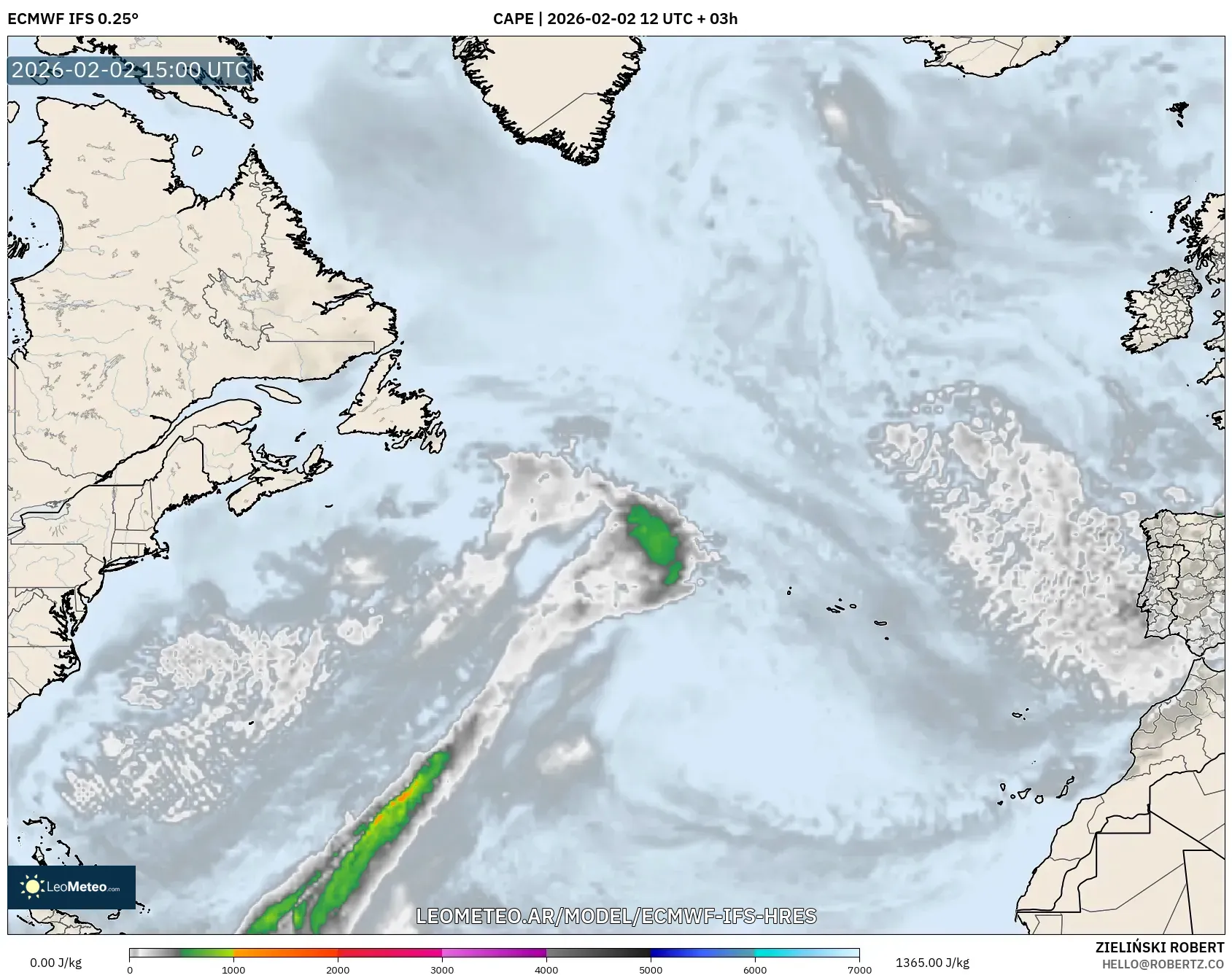 ECMWF IFS 0.25° model - Norte Atlántico, CAPE