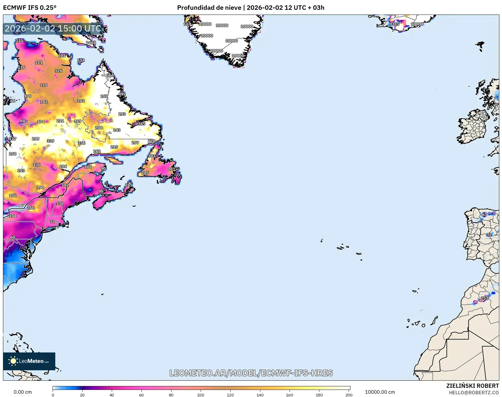 ECMWF IFS 0.25° model - Norte Atlántico, Profundidad de nieve