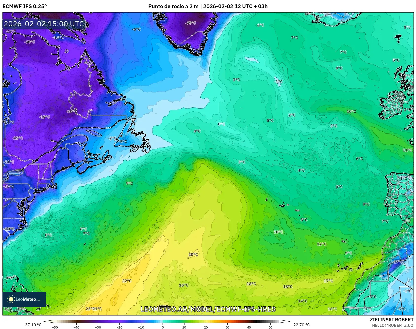 ECMWF IFS 0.25° model - Norte Atlántico, Punto de rocío a 2 m