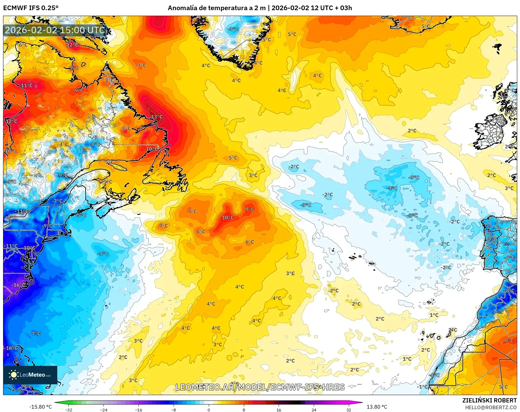 ECMWF IFS 0.25° model - Norte Atlántico, Anomalía de temperatura a 2 m
