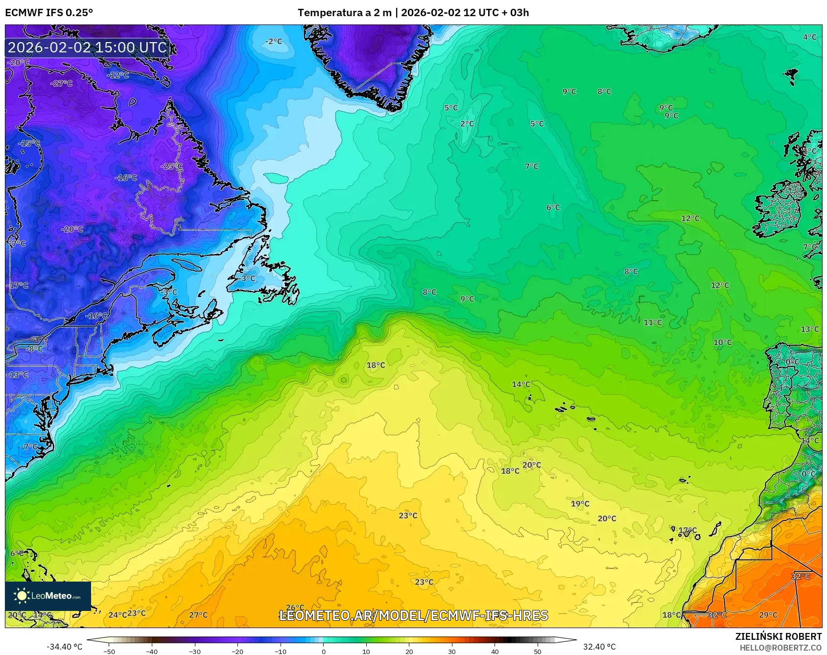 ECMWF IFS 0.25° model - Norte Atlántico, Temperatura a 2 m