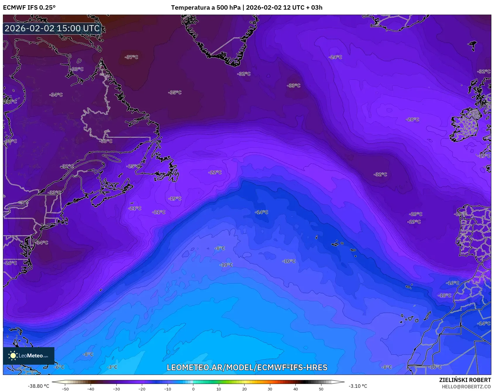 ECMWF IFS 0.25° model - Norte Atlántico, Temperatura a 500 hPa