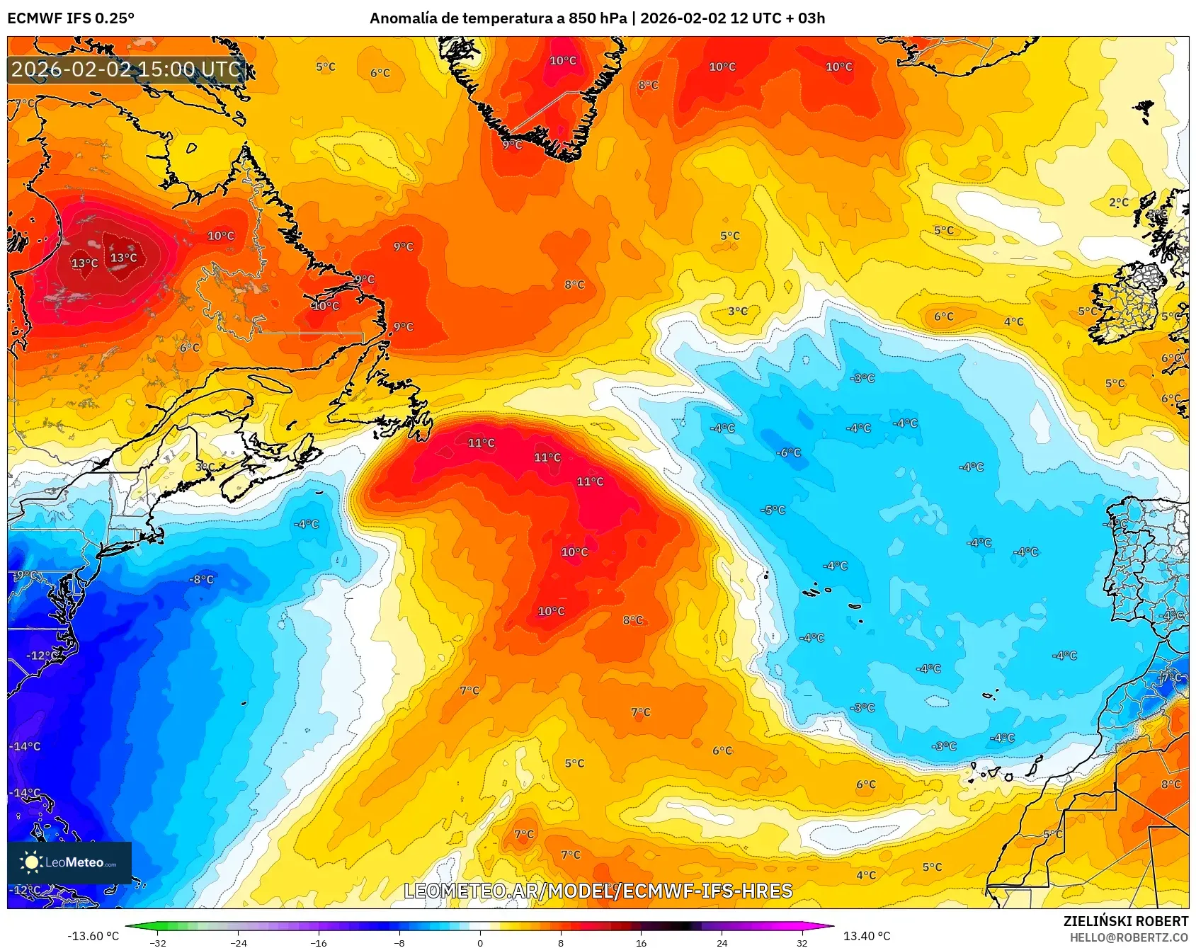 ECMWF IFS 0.25° model - Norte Atlántico, Anomalía de temperatura a 850 hPa