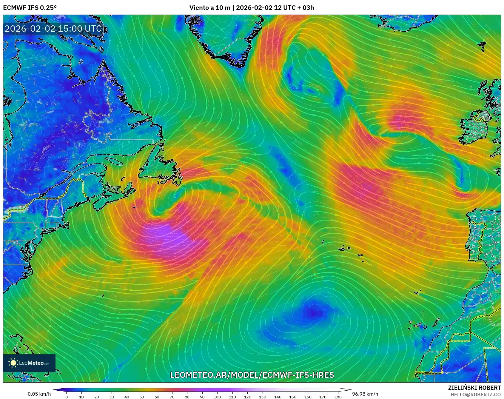 ECMWF IFS 0.25° model - Norte Atlántico, Viento a 10 m