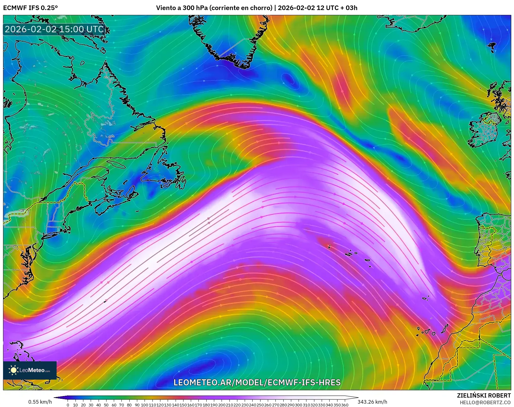 ECMWF IFS 0.25° model - Norte Atlántico, Viento a 300 hPa (corriente en chorro)