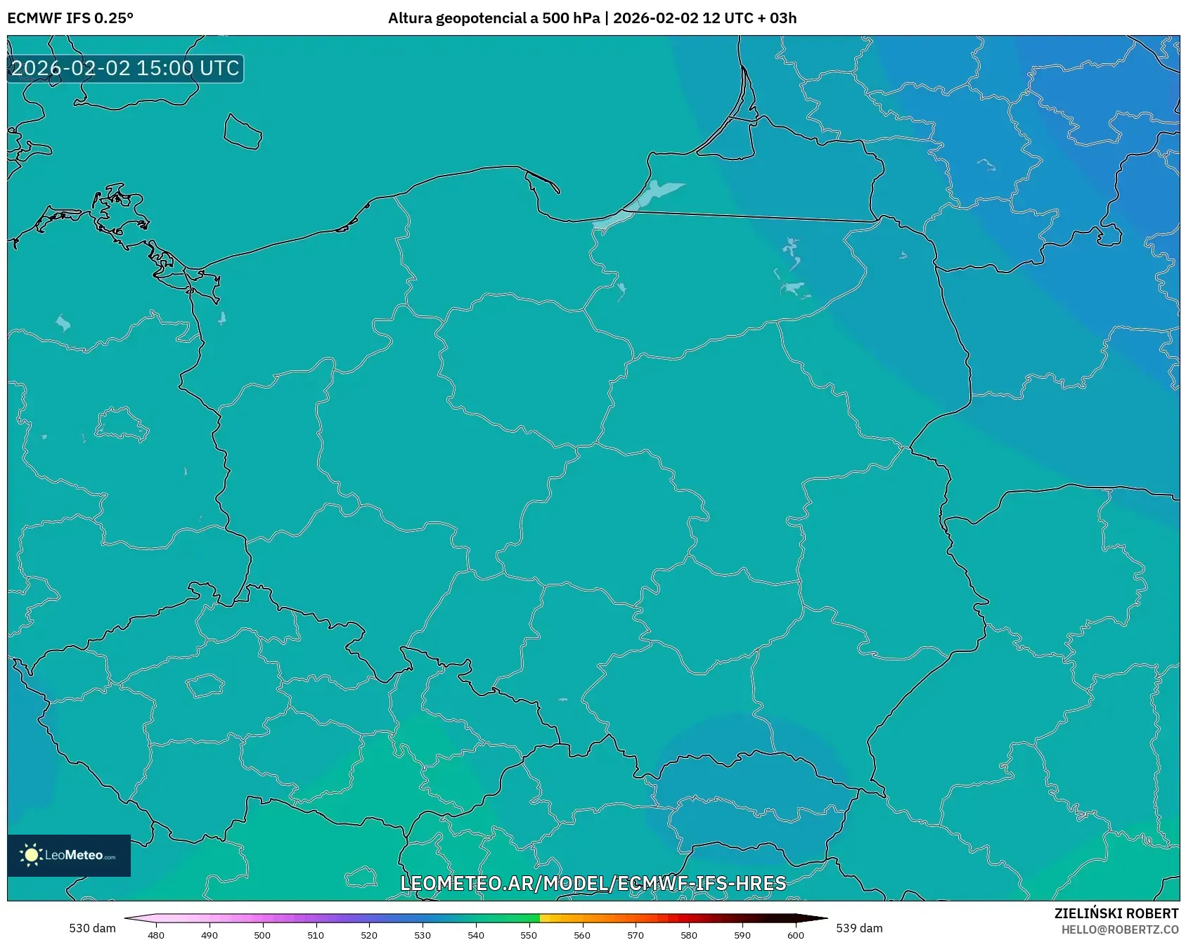 ECMWF IFS 0.25° model - Polonia, Altura geopotencial a 500 hPa