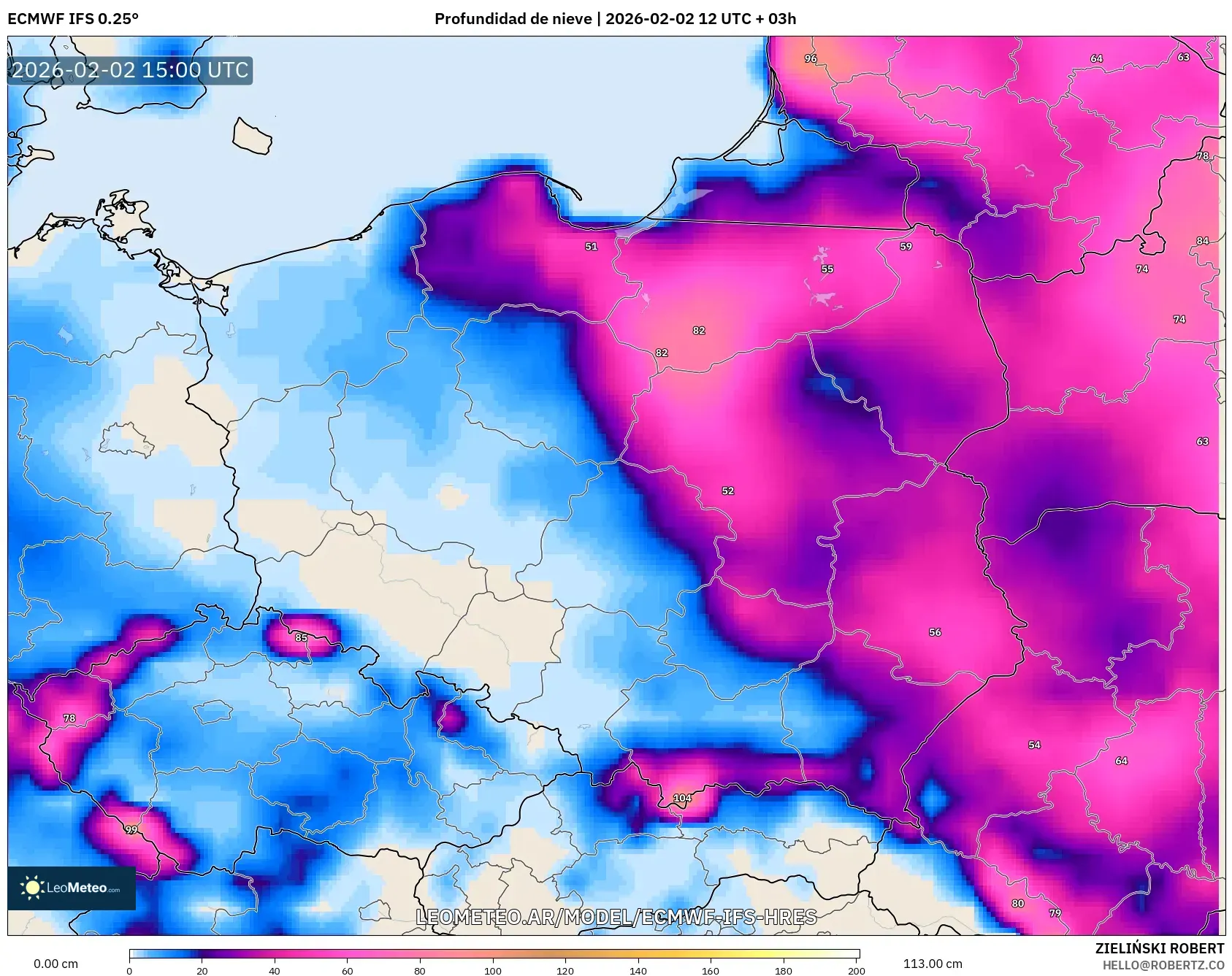 ECMWF IFS 0.25° model - Polonia, Profundidad de nieve
