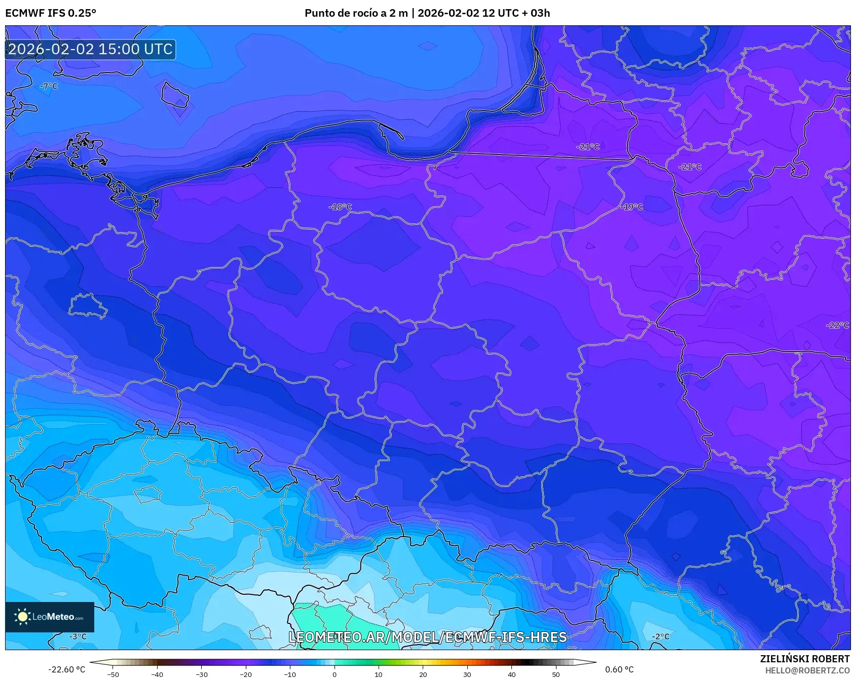 ECMWF IFS 0.25° model - Polonia, Punto de rocío a 2 m
