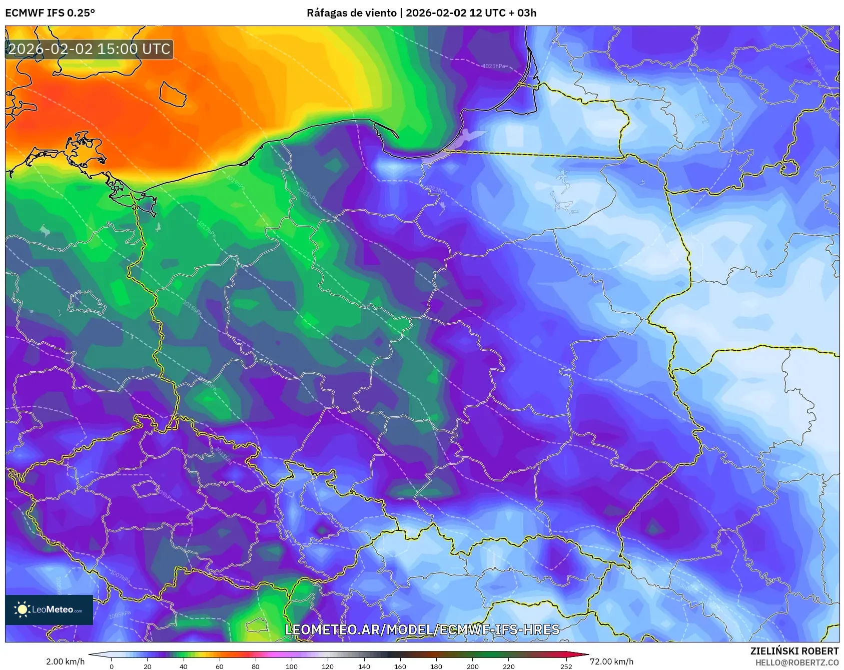 ECMWF IFS 0.25° model - Polonia, Ráfagas de viento