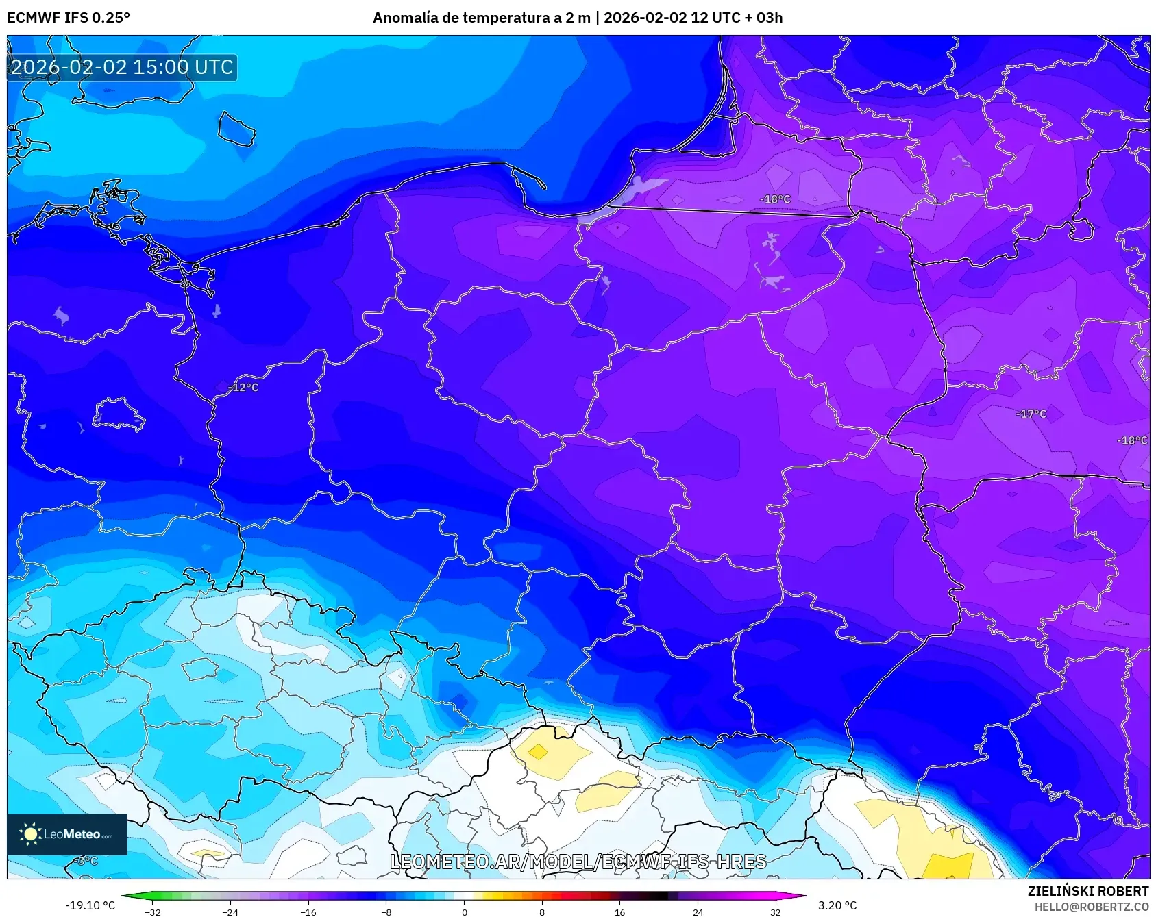 ECMWF IFS 0.25° model - Polonia, Anomalía de temperatura a 2 m