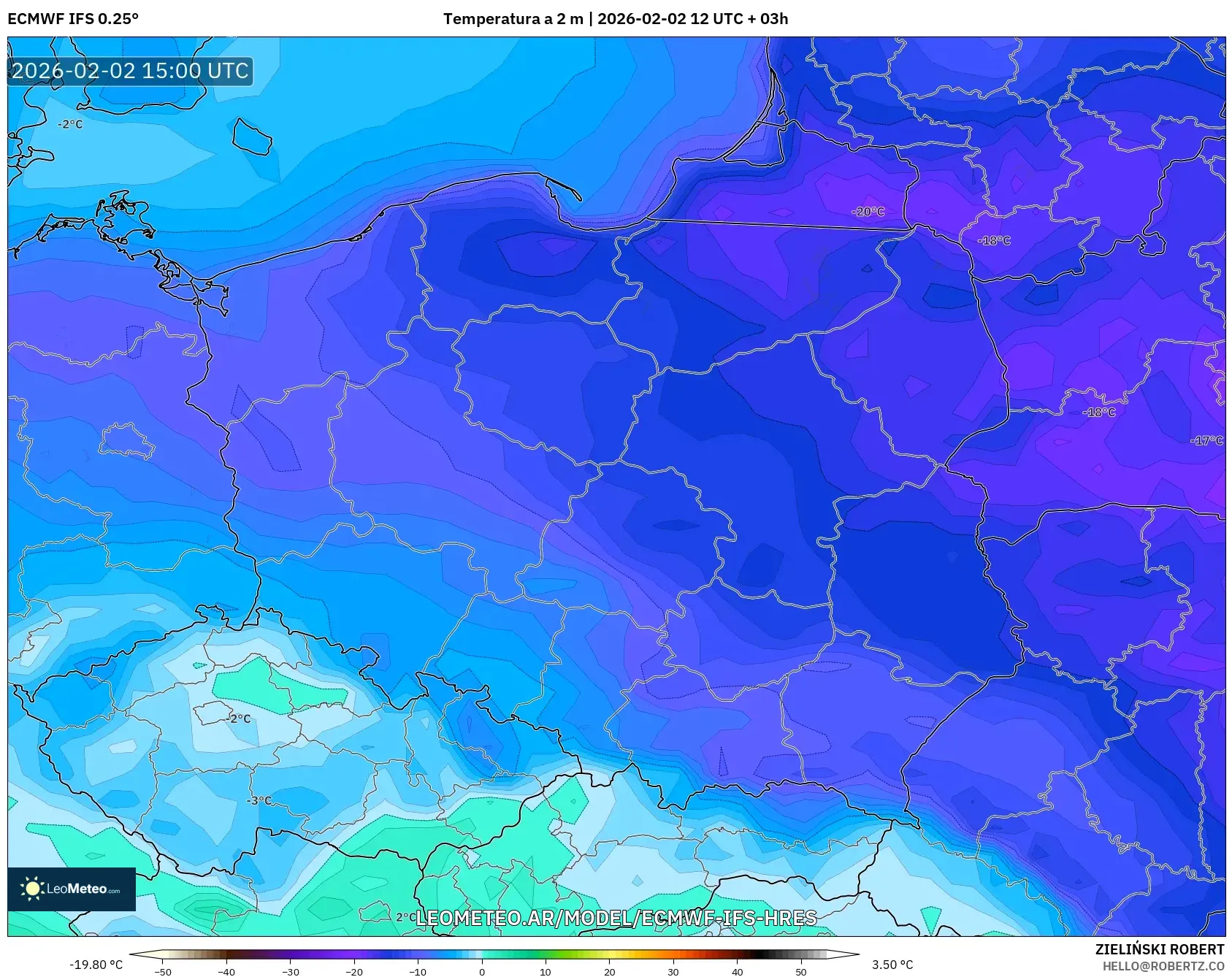 ECMWF IFS 0.25° model - Polonia, Temperatura a 2 m