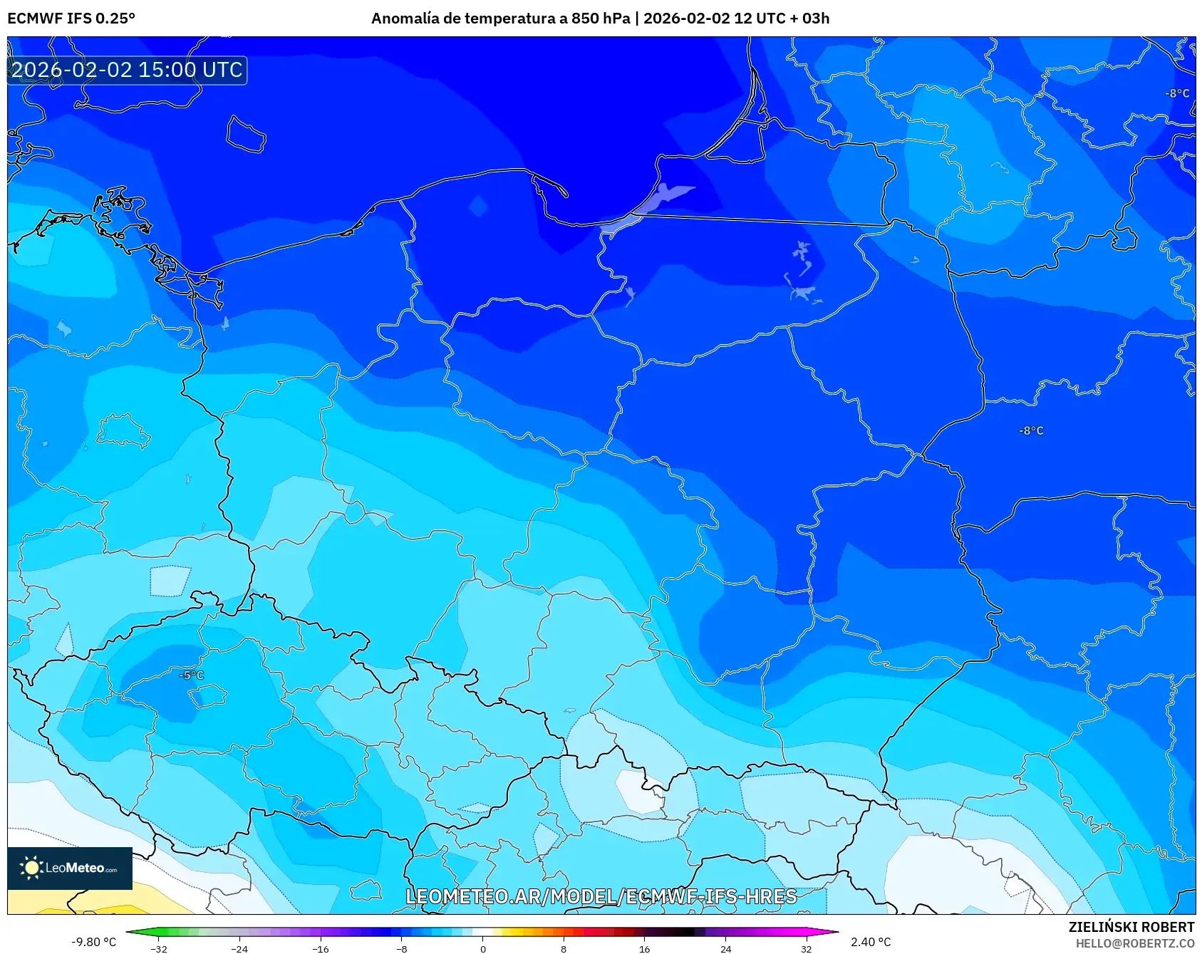 ECMWF IFS 0.25° model - Polonia, Anomalía de temperatura a 850 hPa
