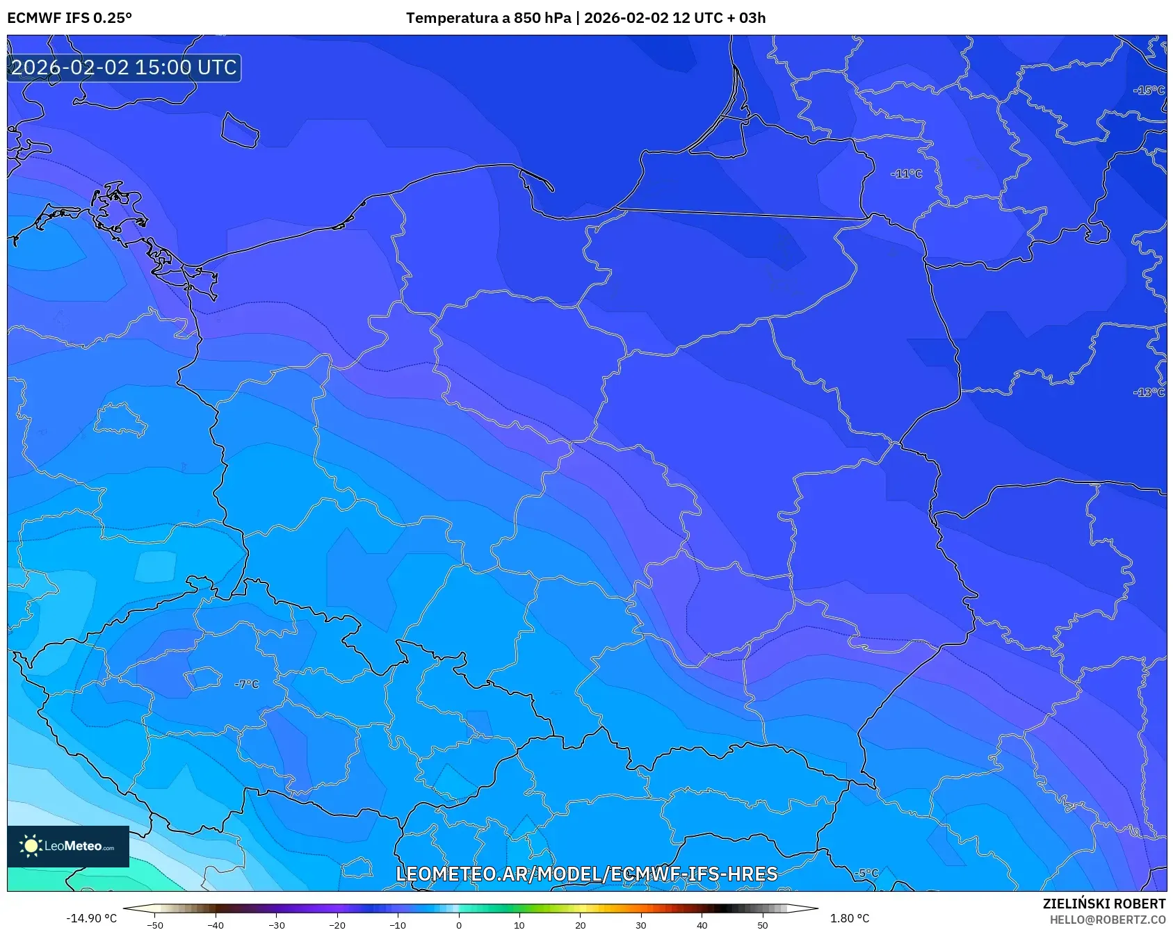ECMWF IFS 0.25° model - Polonia, Temperatura a 850 hPa