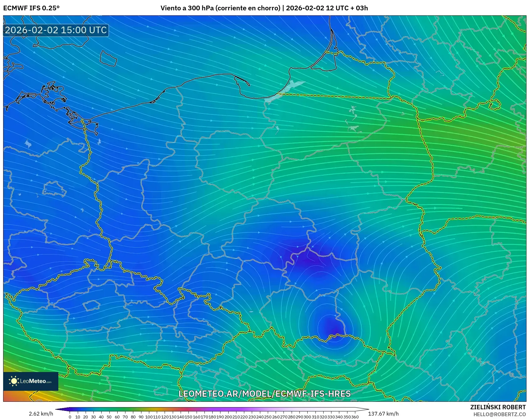 ECMWF IFS 0.25° model - Polonia, Viento a 300 hPa (corriente en chorro)
