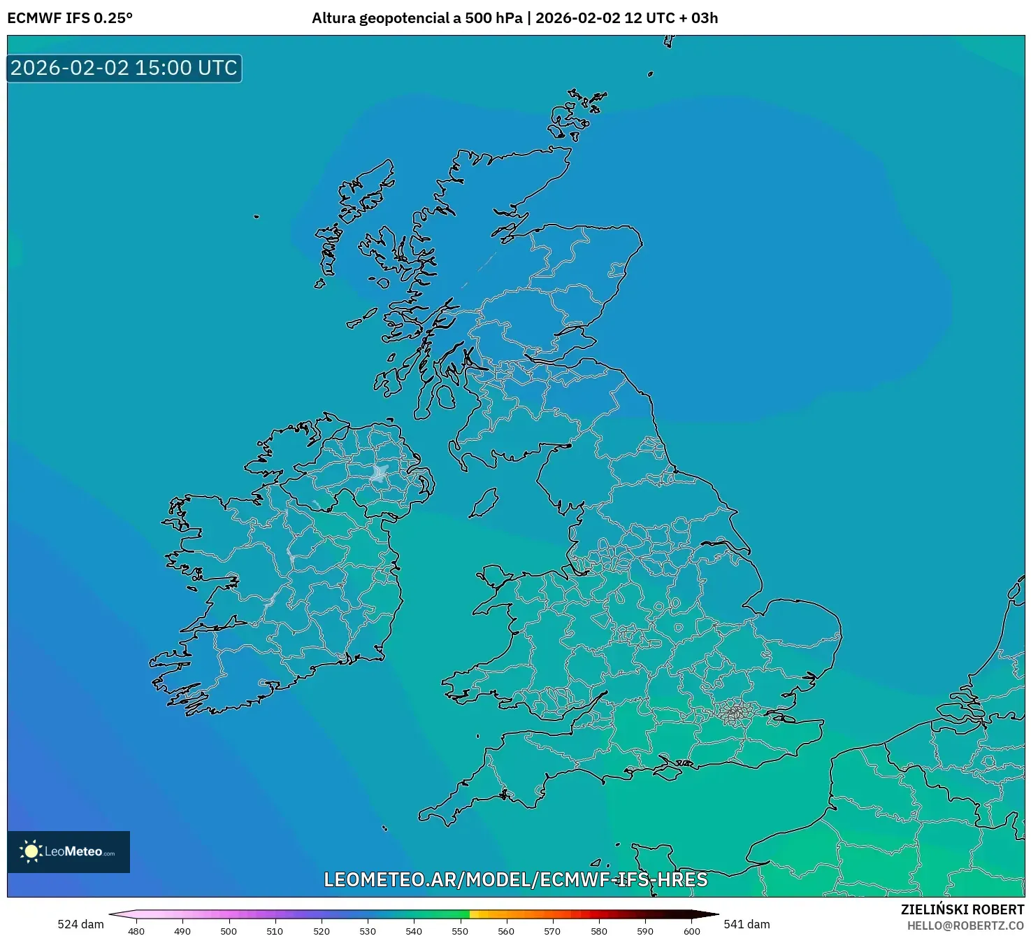 ECMWF IFS 0.25° model - Reino Unido, Altura geopotencial a 500 hPa