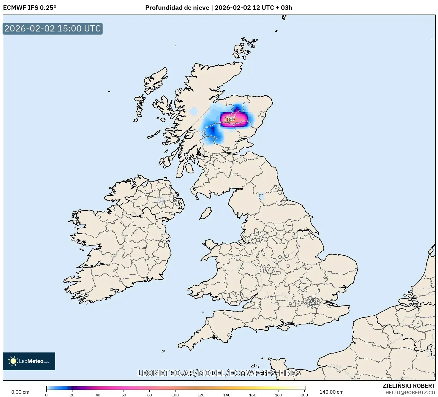 ECMWF IFS 0.25° model - Reino Unido, Profundidad de nieve