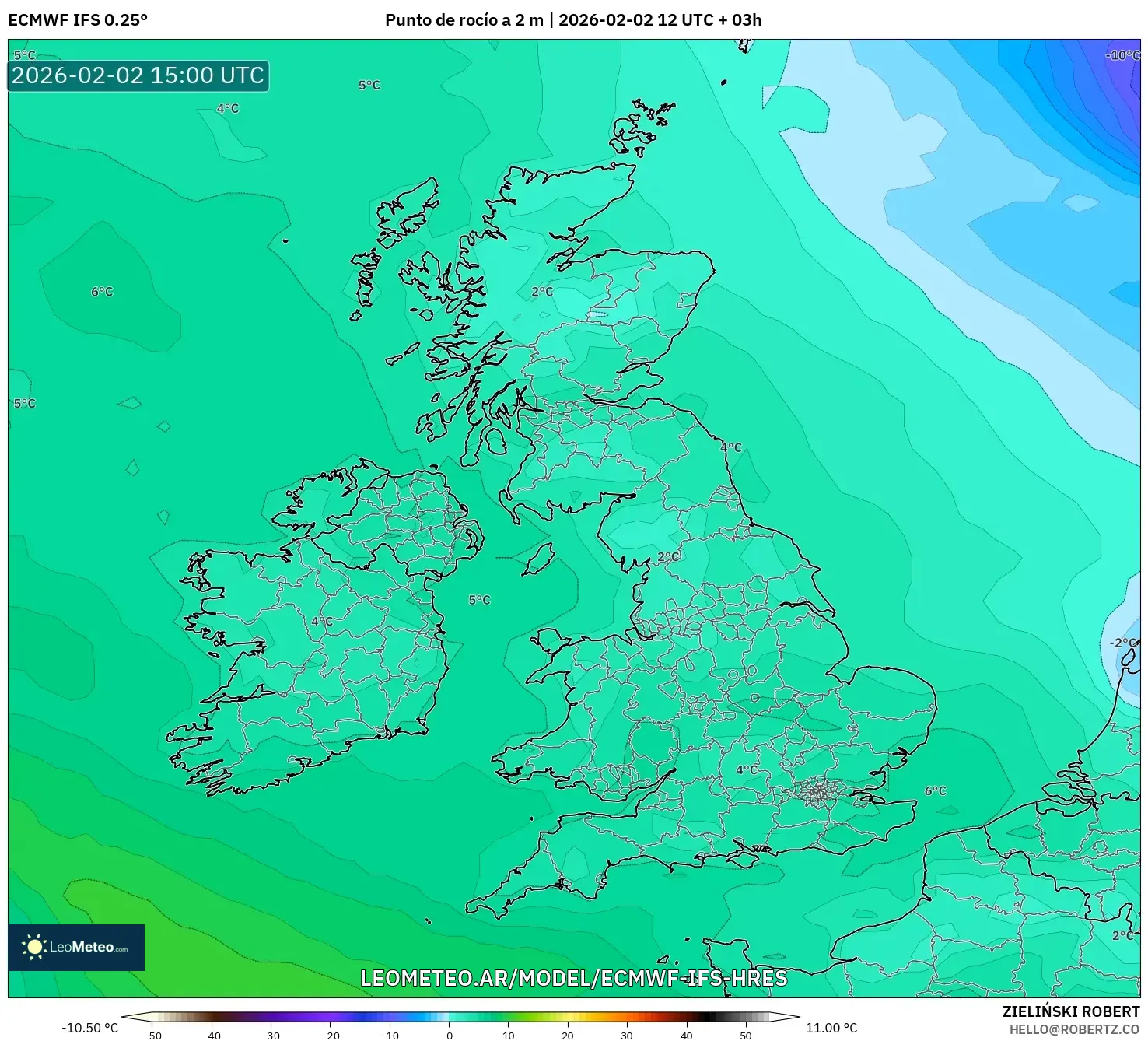ECMWF IFS 0.25° model - Reino Unido, Punto de rocío a 2 m
