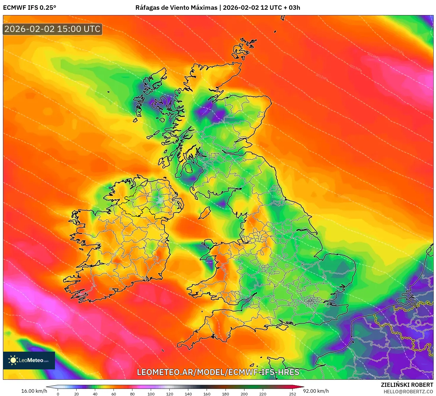 ECMWF IFS 0.25° model - Reino Unido, Ráfagas de Viento Máximas